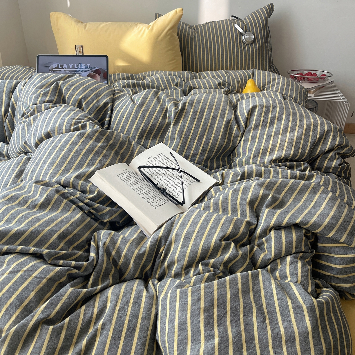 91家纺网 家纺一手货源 找家纺 雅居纺家纺 2026新款全棉色织混搭水洗棉四件套 雾屿-深灰