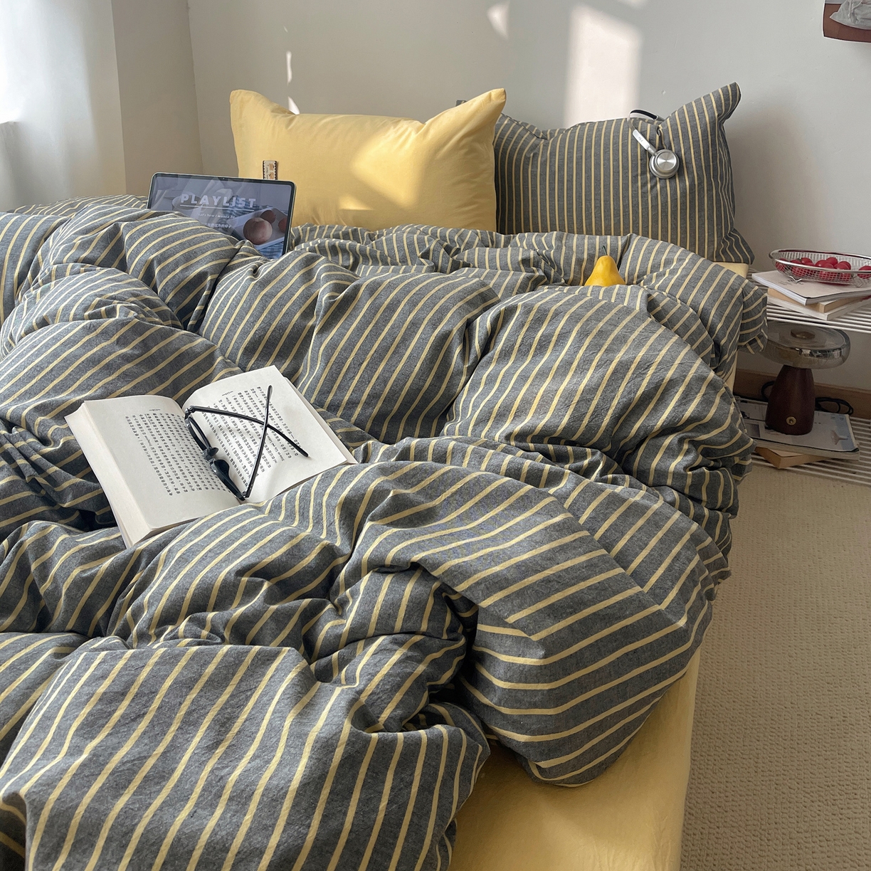 91家纺网 家纺一手货源 找家纺 雅居纺家纺 2026新款全棉色织混搭水洗棉四件套 雾屿-深灰