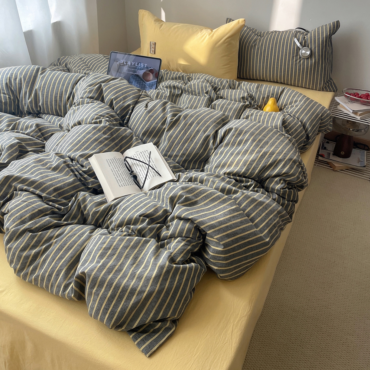 91家纺网 家纺一手货源 找家纺 雅居纺家纺 2026新款全棉色织混搭水洗棉四件套 雾屿-深灰