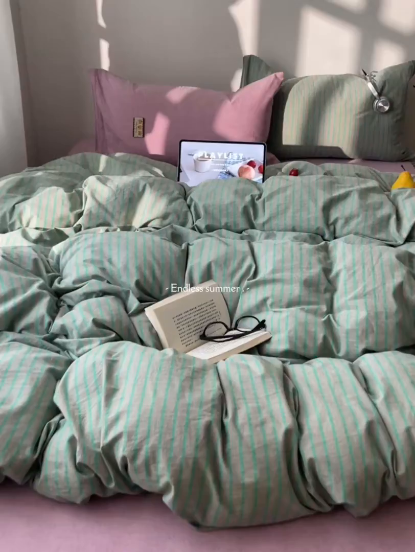 91家纺网 家纺一手货源 找家纺 雅居纺家纺 2026新款全棉色织混搭水洗棉四件套 雾屿-竹青