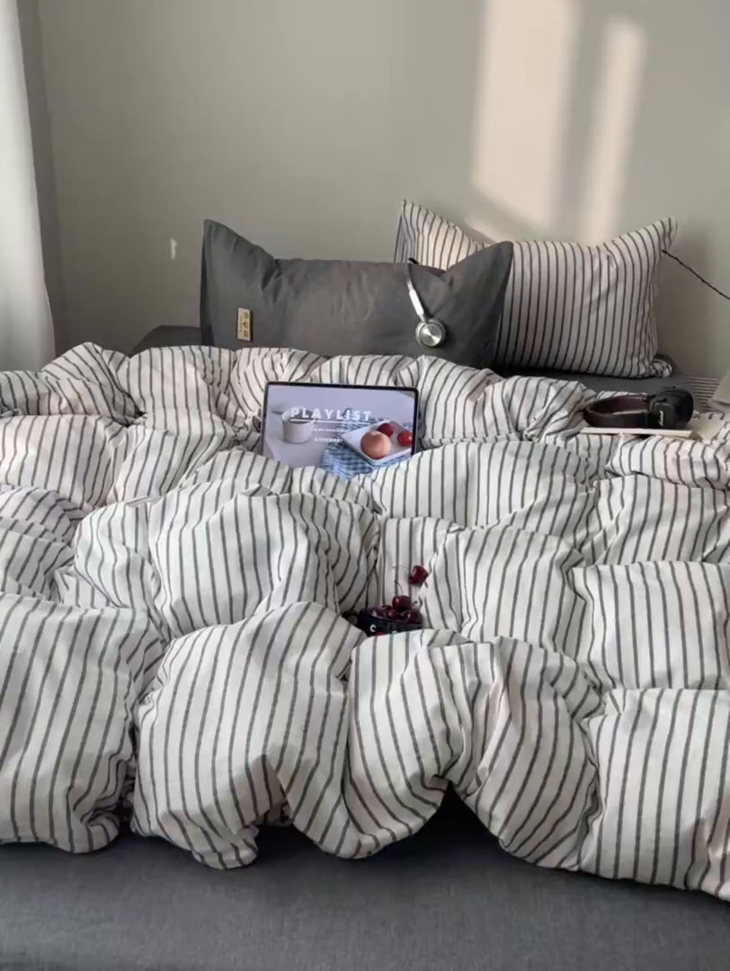 91家纺网 家纺一手货源 找家纺 雅居纺家纺 2026新款全棉色织混搭水洗棉四件套 雾屿-月白