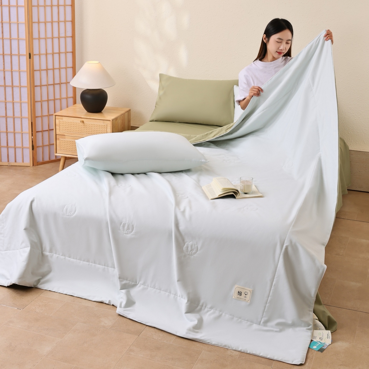 91家纺网 家纺一手货源 找家纺 盛凡家纺 2026新款A类133*72里外全棉100%棉花夏被四件套夏凉被空调被纯色被子被芯（包检测） 水绿+松石绿