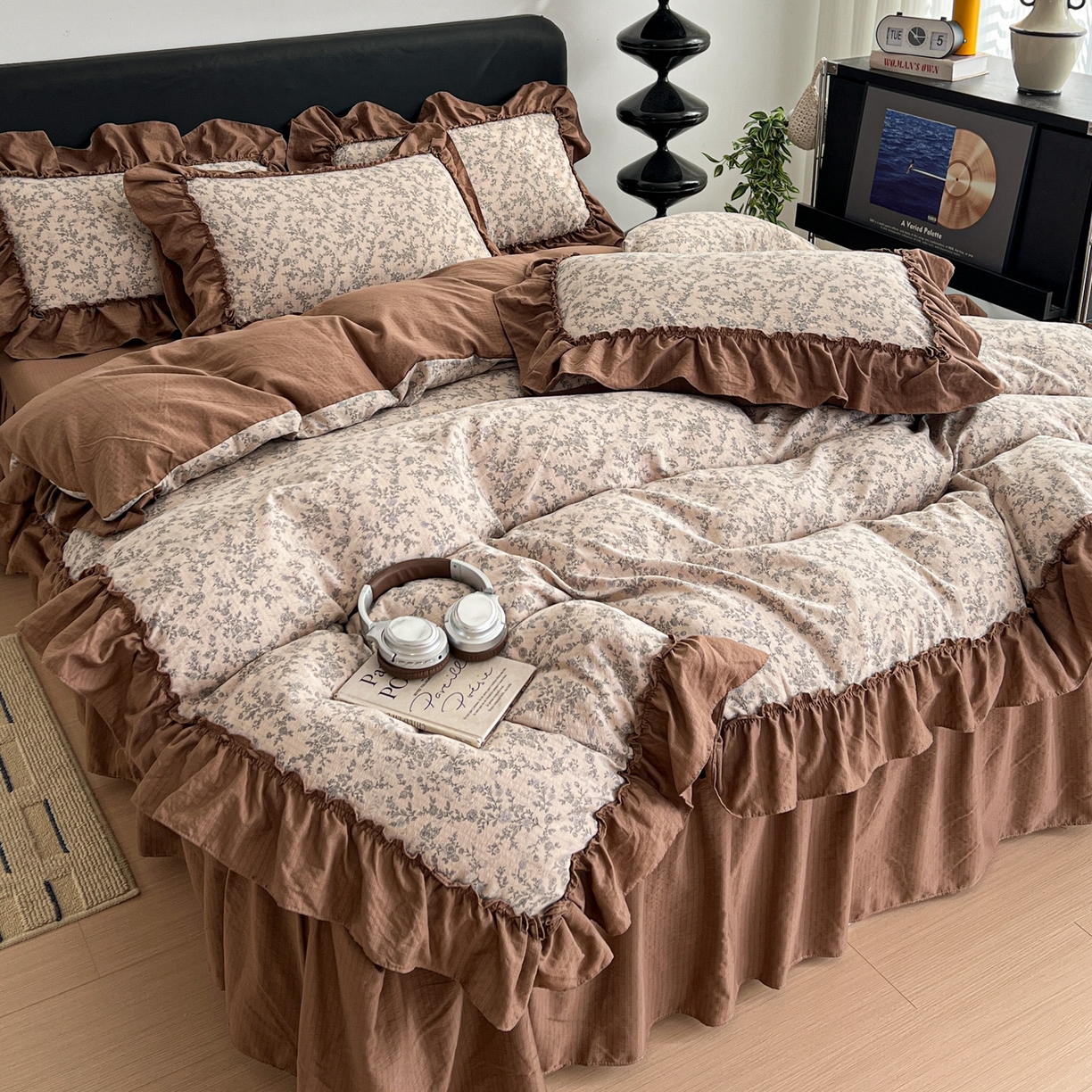 91家纺网 家纺一手货源 找家纺 （总）富米莱（原臻工厂） 2026新款敲可爱奶呼呼云感双层纱韩国大布袋韩版大花边床盖床裙四件套-超级治愈