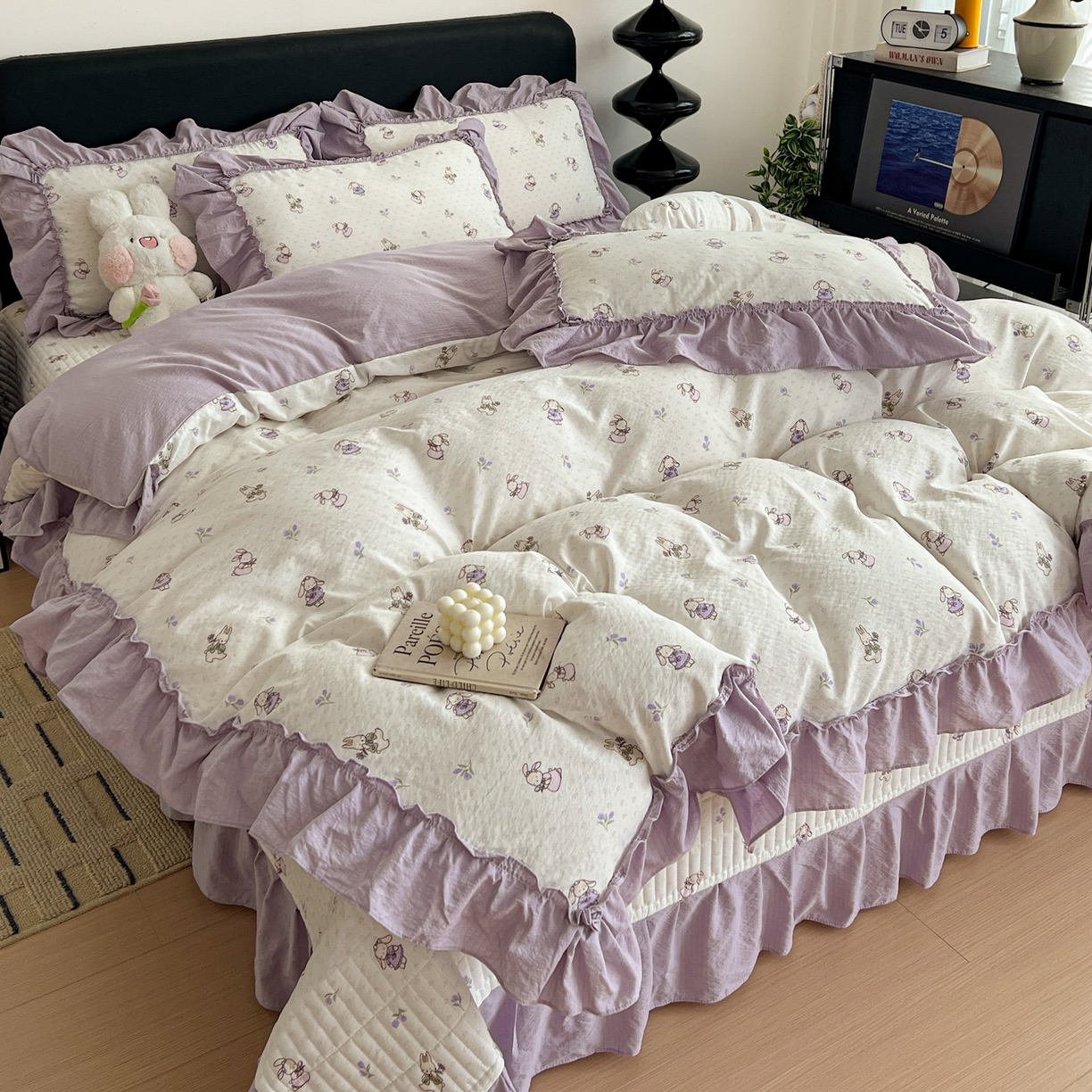 91家纺网 家纺一手货源 找家纺 富米莱（原臻工厂） 2026新款敲可爱奶呼呼云感双层纱韩国大布袋韩版大花边床盖床裙四件套-超级治愈 裙子小兔