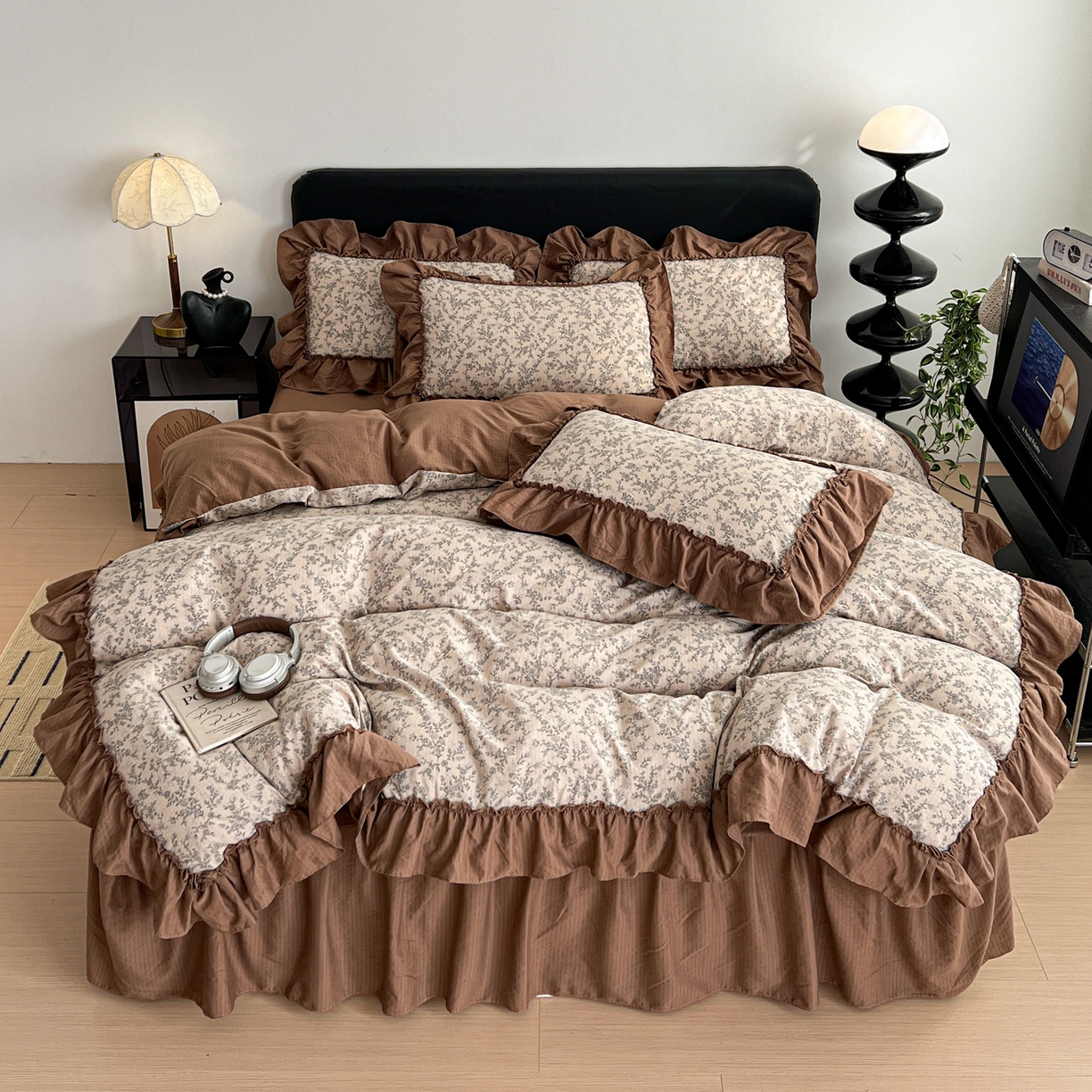 91家纺网 家纺一手货源 找家纺 富米莱（原臻工厂） 2026新款敲可爱奶呼呼云感双层纱韩国大布袋韩版大花边床盖床裙四件套-超级治愈 竹韵花语