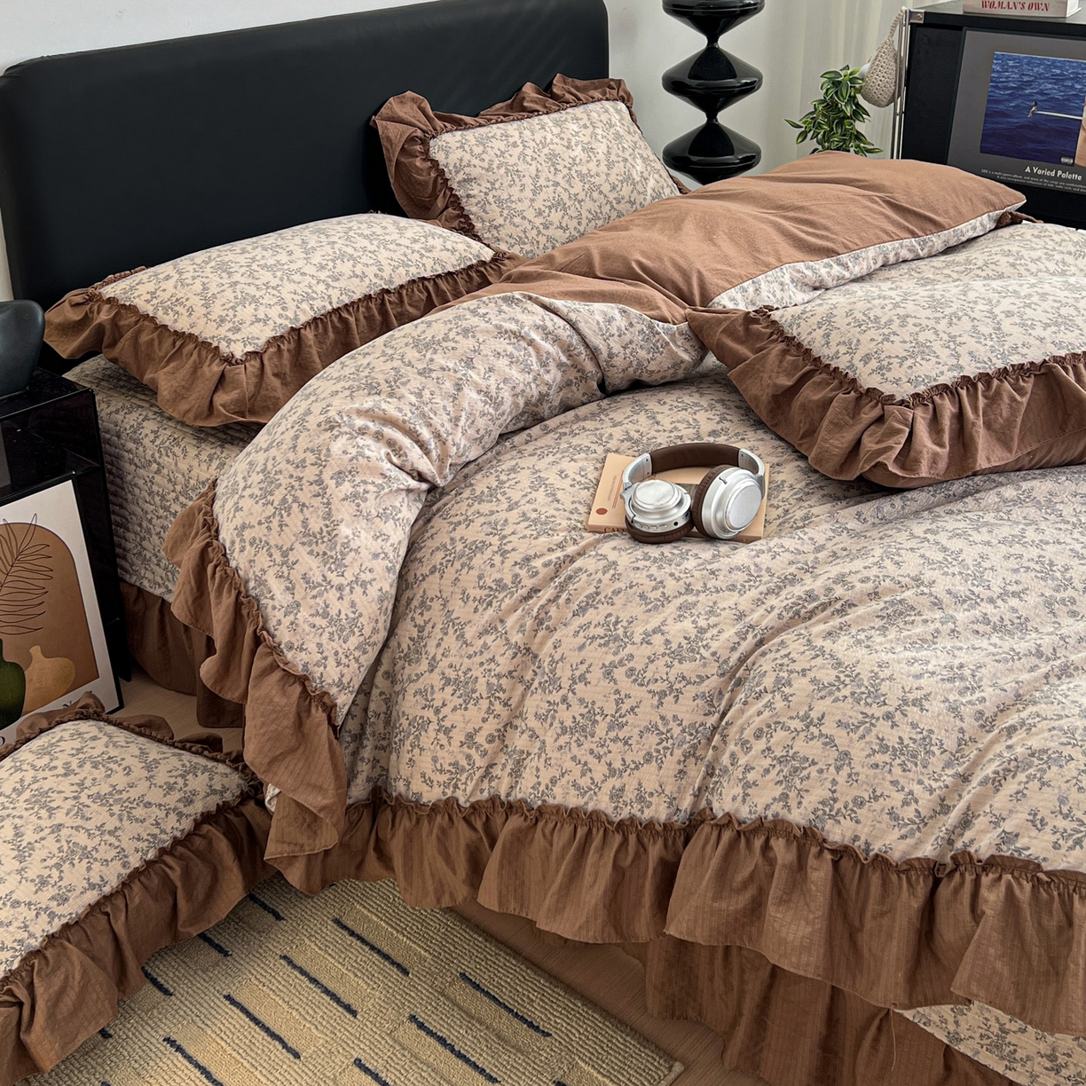 91家纺网 家纺一手货源 找家纺 富米莱（原臻工厂） 2026新款敲可爱奶呼呼云感双层纱韩国大布袋韩版大花边床盖床裙四件套-超级治愈 竹韵花语