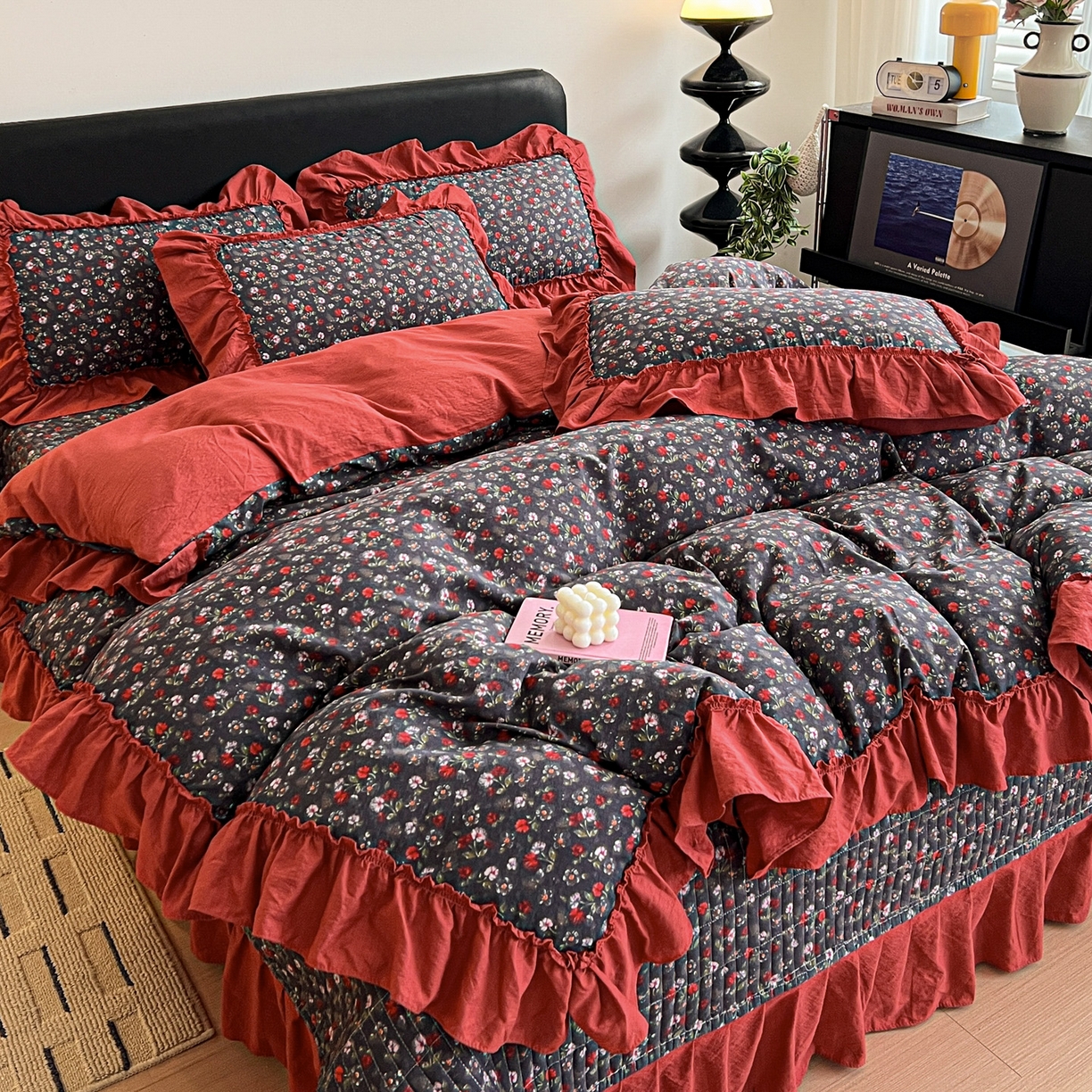 富米莱（原臻工厂） 2026新款敲可爱奶呼呼云感双层纱韩国大布袋韩版大花边床盖床裙四件套-超级治愈 暗夜玫瑰