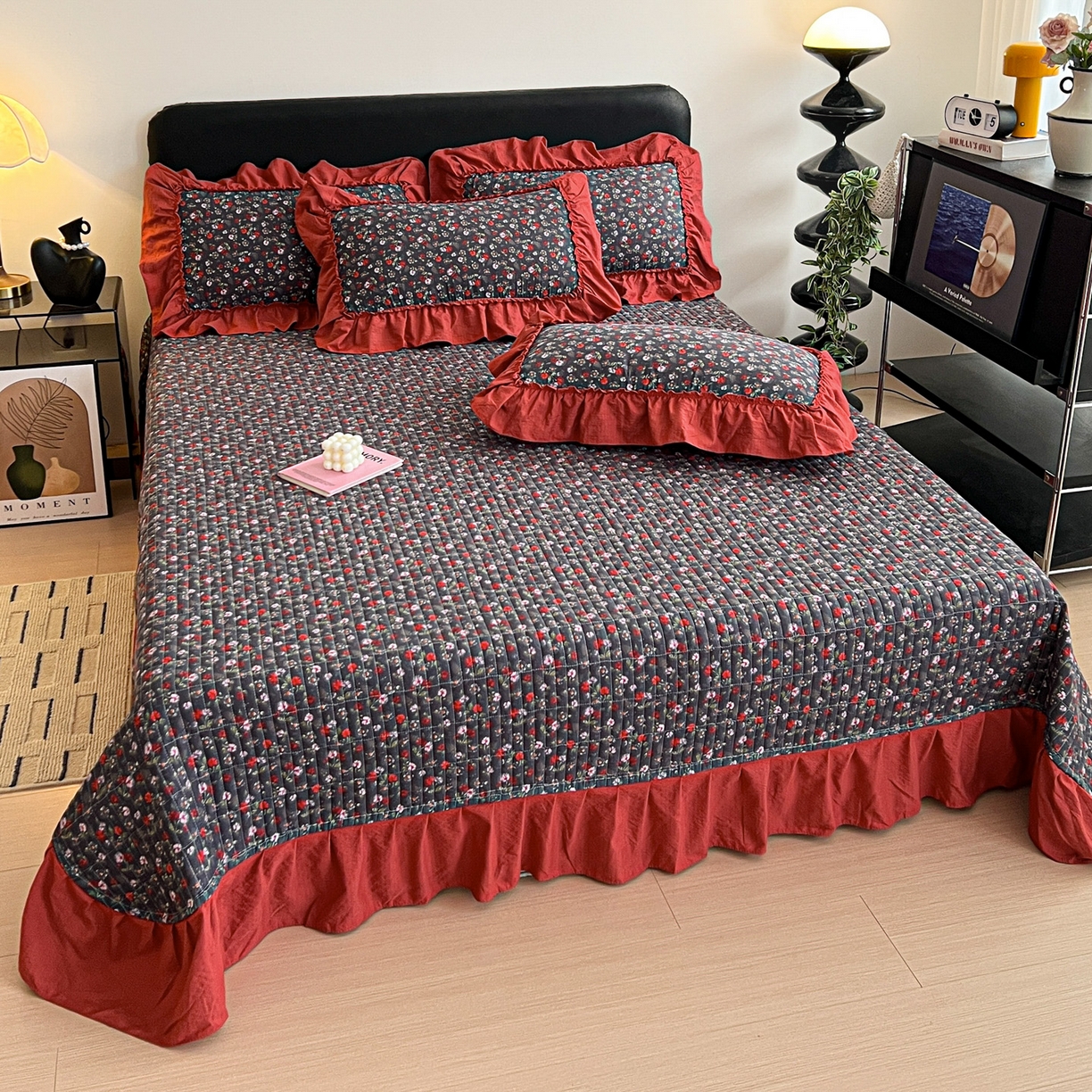 91家纺网 家纺一手货源 找家纺 富米莱（原臻工厂） 2026新款敲可爱奶呼呼云感双层纱韩国大布袋韩版大花边床盖床裙四件套-超级治愈 暗夜玫瑰