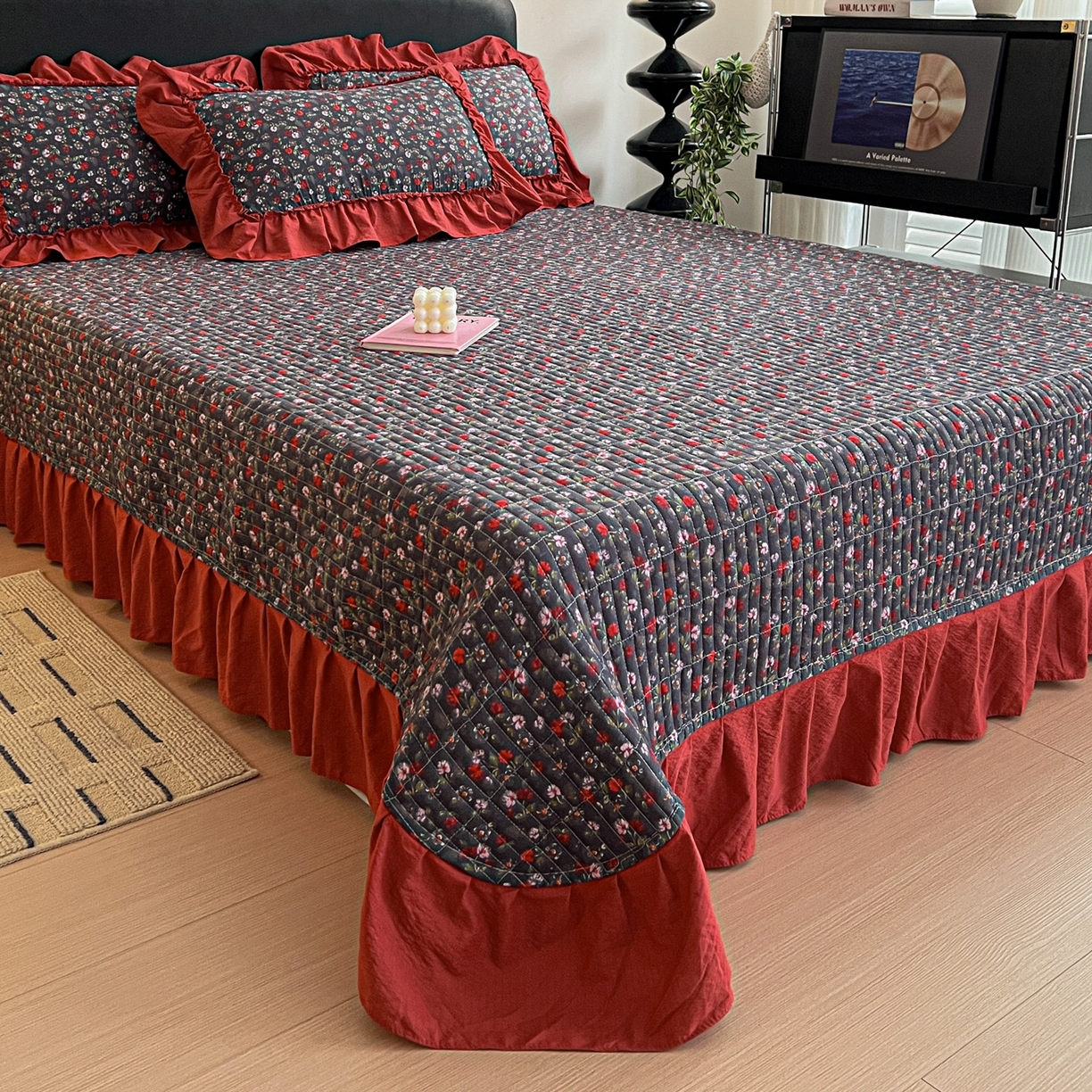 91家纺网 家纺一手货源 找家纺 富米莱（原臻工厂） 2026新款敲可爱奶呼呼云感双层纱韩国大布袋韩版大花边床盖床裙四件套-超级治愈 暗夜玫瑰