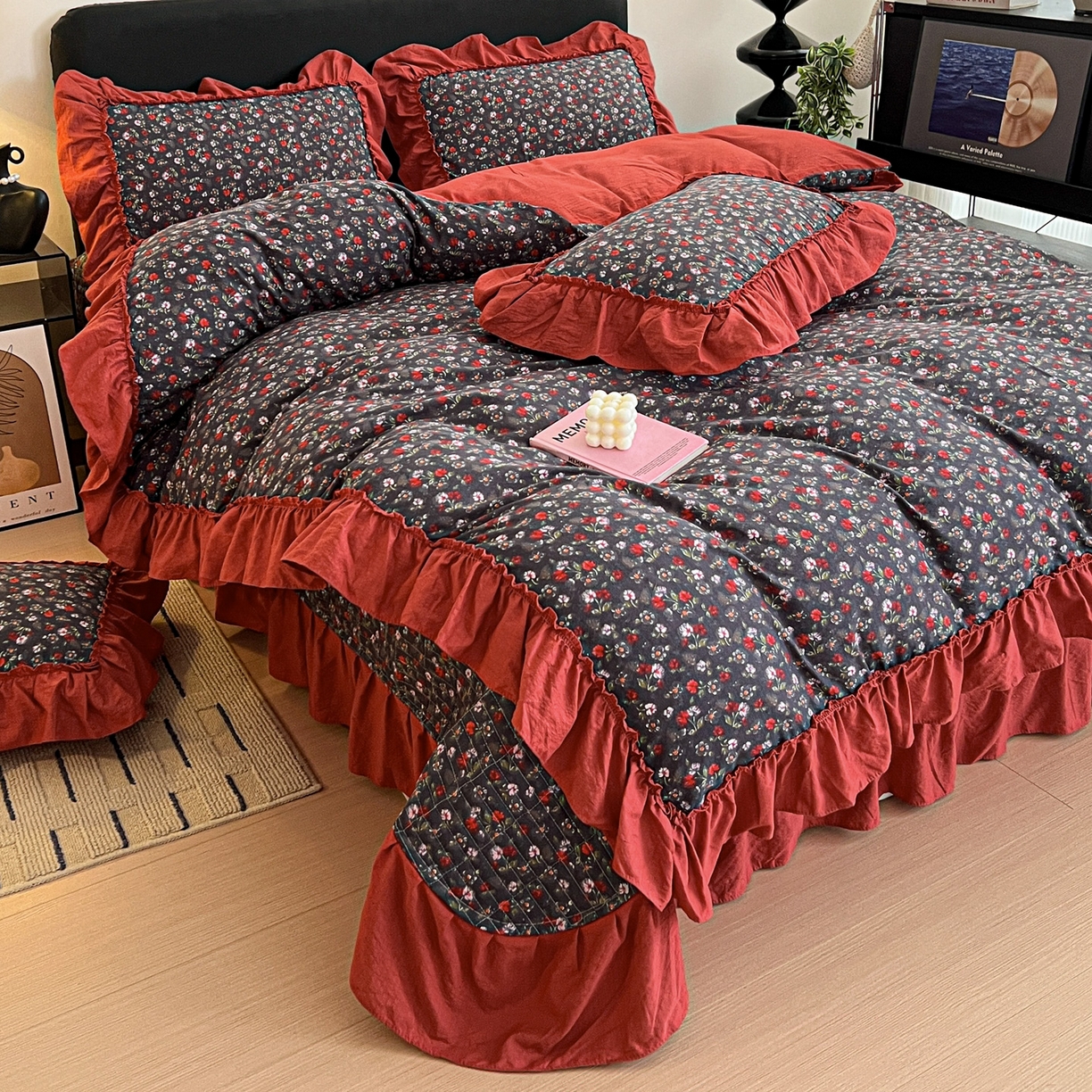 91家纺网 家纺一手货源 找家纺 富米莱（原臻工厂） 2026新款敲可爱奶呼呼云感双层纱韩国大布袋韩版大花边床盖床裙四件套-超级治愈 暗夜玫瑰