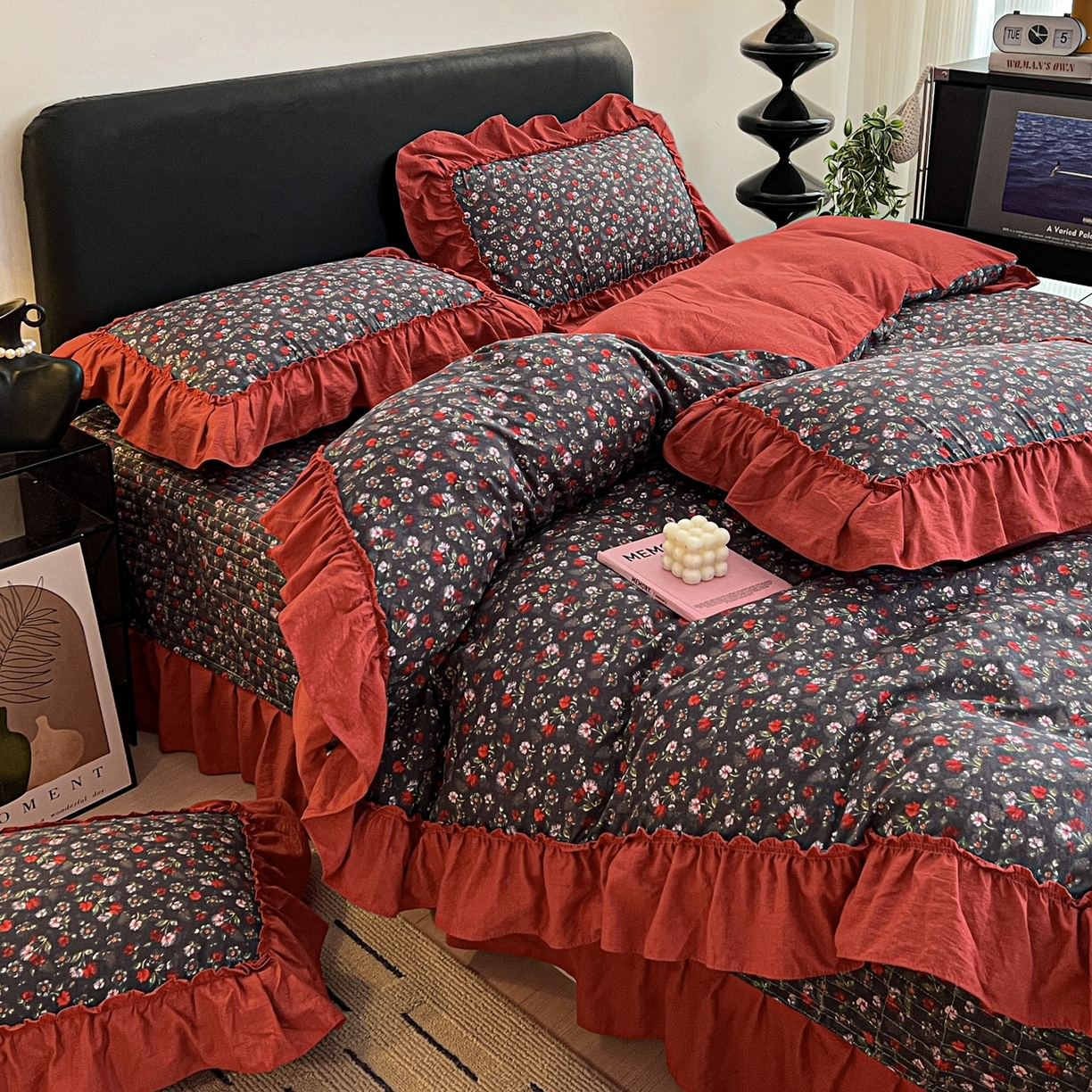 91家纺网 家纺一手货源 找家纺 富米莱（原臻工厂） 2026新款敲可爱奶呼呼云感双层纱韩国大布袋韩版大花边床盖床裙四件套-超级治愈 暗夜玫瑰