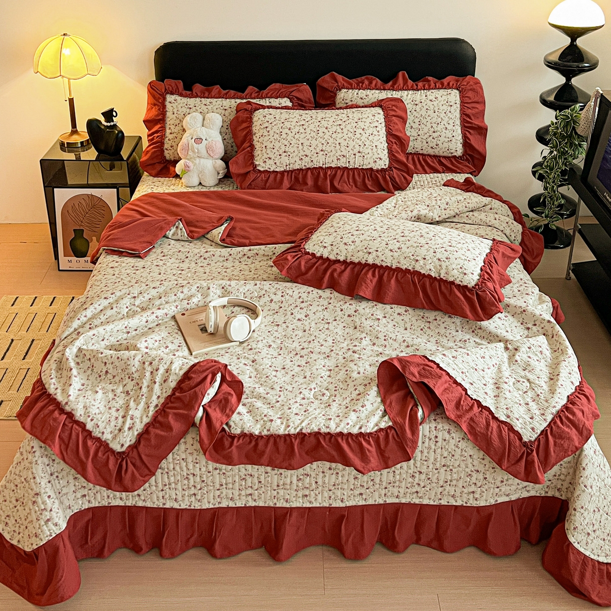 91家纺网 家纺一手货源 找家纺 富米莱（原臻工厂） 2026新款敲可爱奶呼呼云感双层纱韩国大布袋韩版大花边床盖床裙四件套-超级治愈 见花则喜