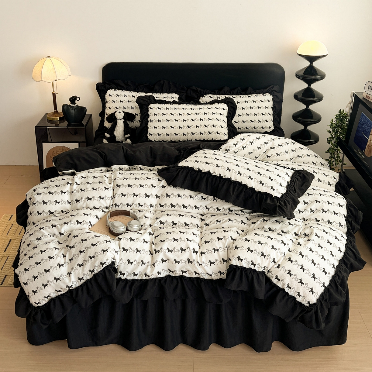 91家纺网 家纺一手货源 找家纺 富米莱（原臻工厂） 2026新款敲可爱奶呼呼云感双层纱韩国大布袋韩版大花边床盖床裙四件套-超级治愈 木马