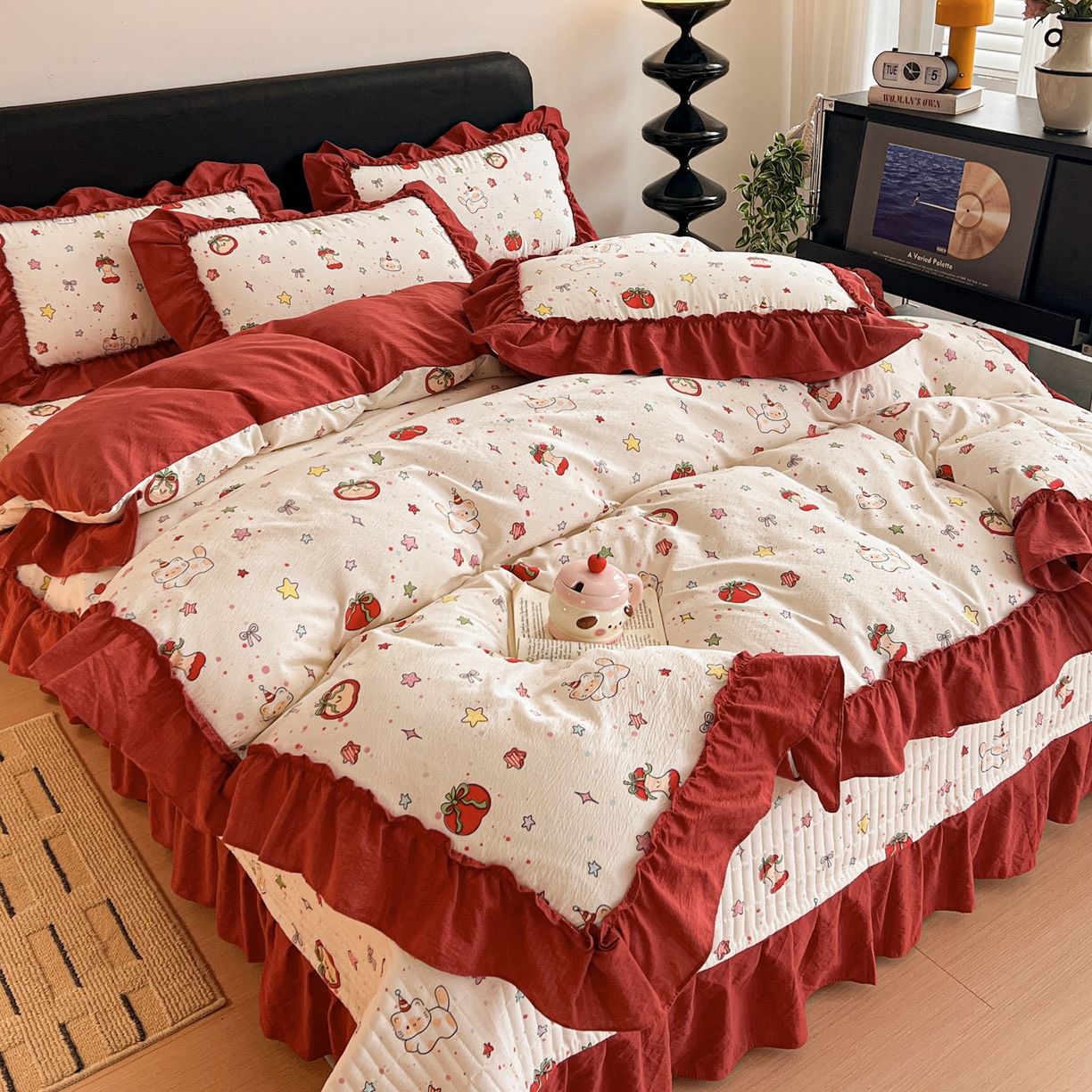 富米莱（原臻工厂） 2026新款敲可爱奶呼呼云感双层纱韩国大布袋韩版大花边床盖床裙四件套-超级治愈 苹果小怪