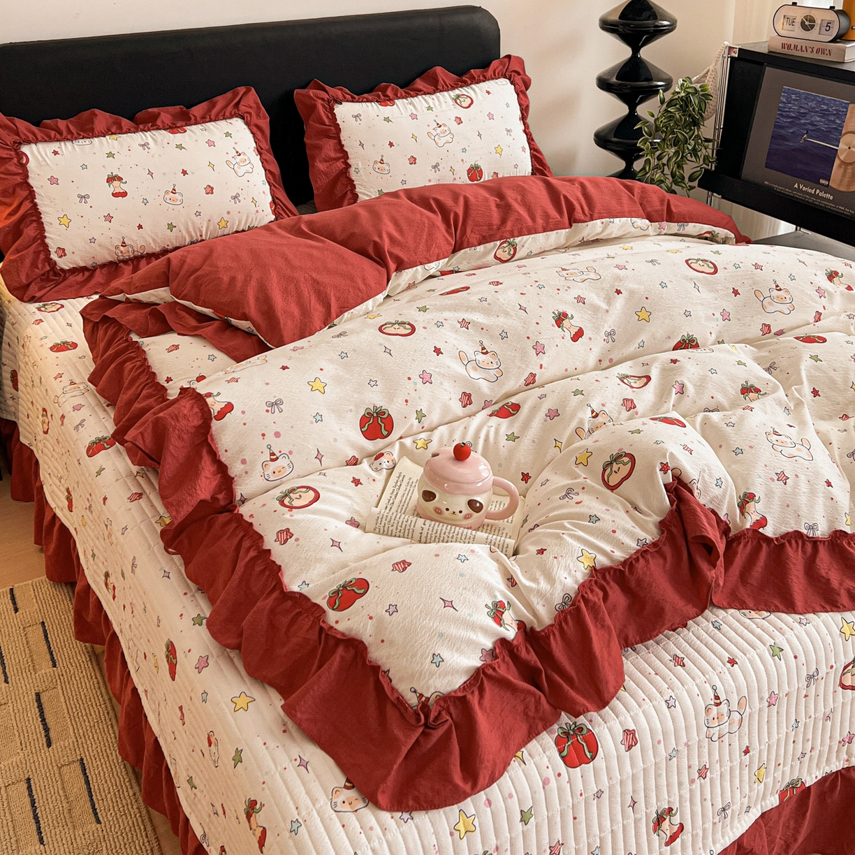 91家纺网 家纺一手货源 找家纺 富米莱（原臻工厂） 2026新款敲可爱奶呼呼云感双层纱韩国大布袋韩版大花边床盖床裙四件套-超级治愈 苹果小怪