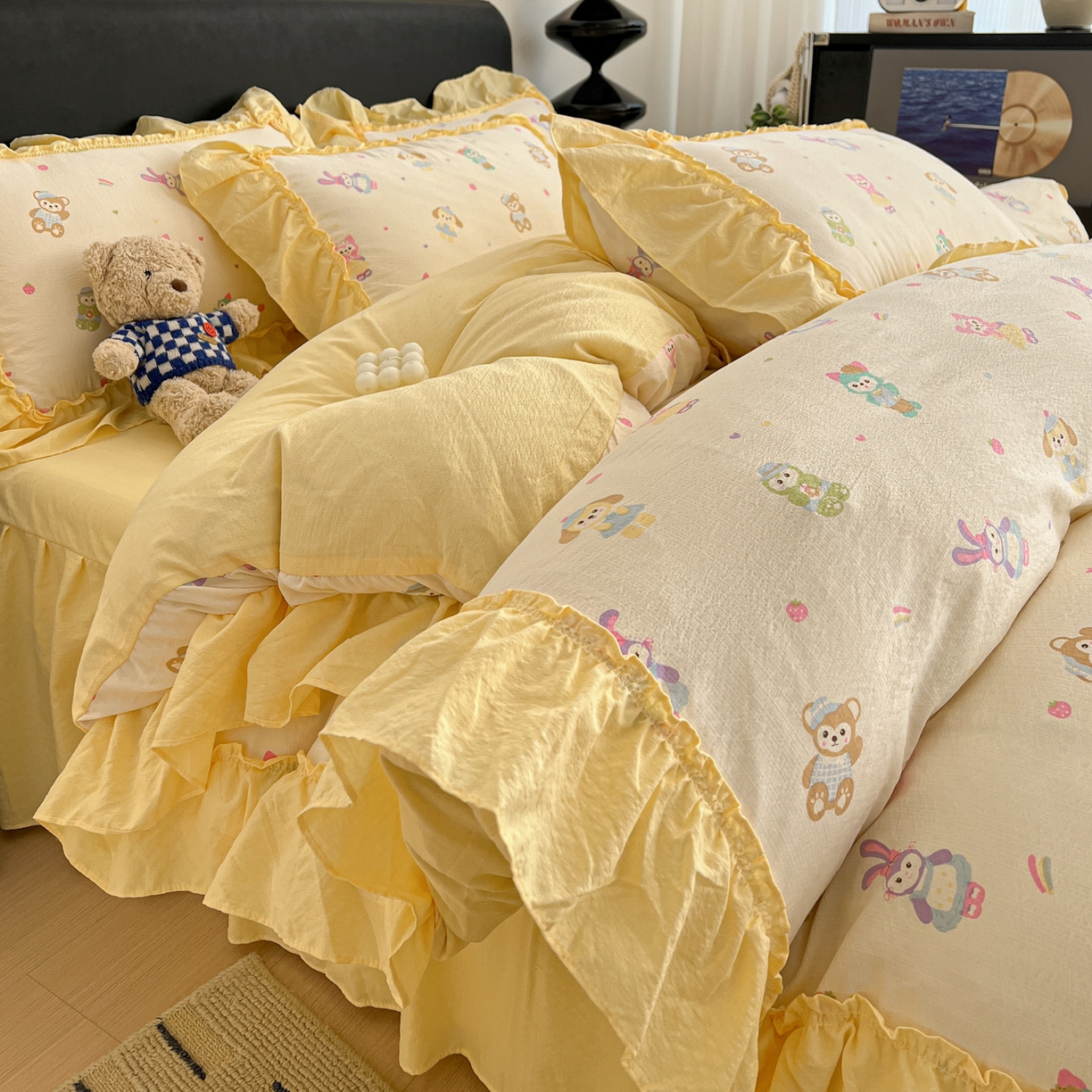 91家纺网 家纺一手货源 找家纺 富米莱（原臻工厂） 2026新款敲可爱奶呼呼云感双层纱韩国大布袋韩版大花边床盖床裙四件套-超级治愈 七宝