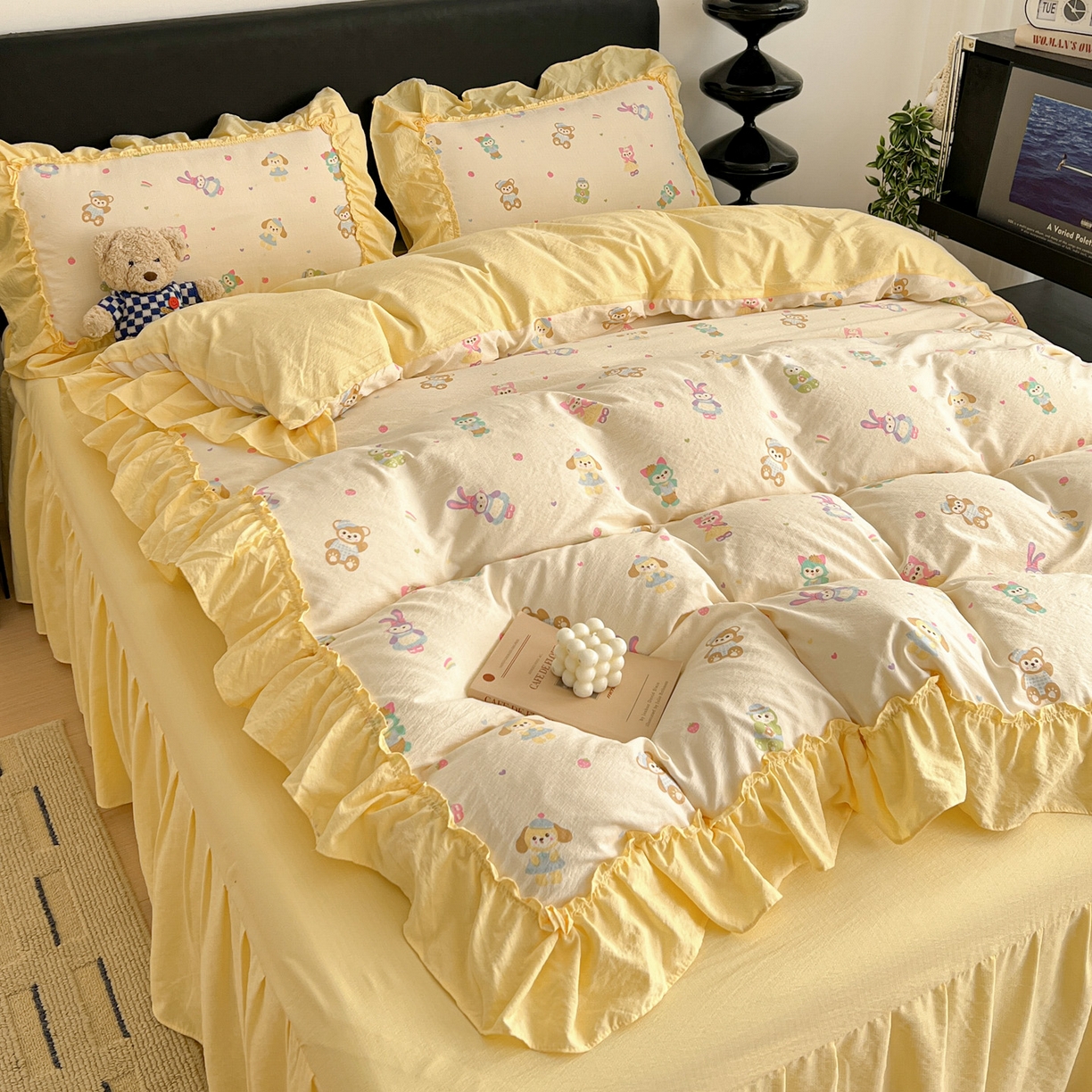 91家纺网 家纺一手货源 找家纺 富米莱（原臻工厂） 2026新款敲可爱奶呼呼云感双层纱韩国大布袋韩版大花边床盖床裙四件套-超级治愈 七宝