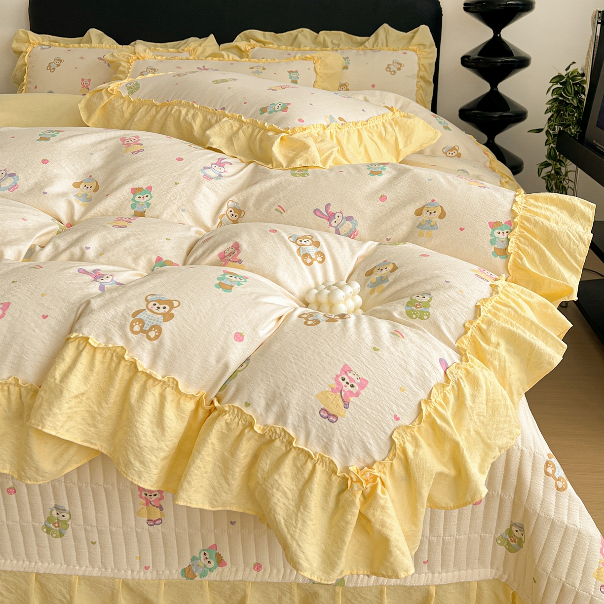 91家纺网 家纺一手货源 找家纺 富米莱（原臻工厂） 2026新款敲可爱奶呼呼云感双层纱韩国大布袋韩版大花边床盖床裙四件套-超级治愈 七宝