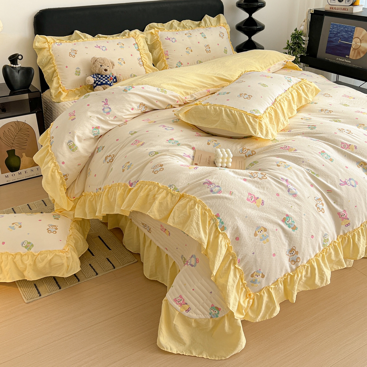 91家纺网 家纺一手货源 找家纺 富米莱（原臻工厂） 2026新款敲可爱奶呼呼云感双层纱韩国大布袋韩版大花边床盖床裙四件套-超级治愈 七宝