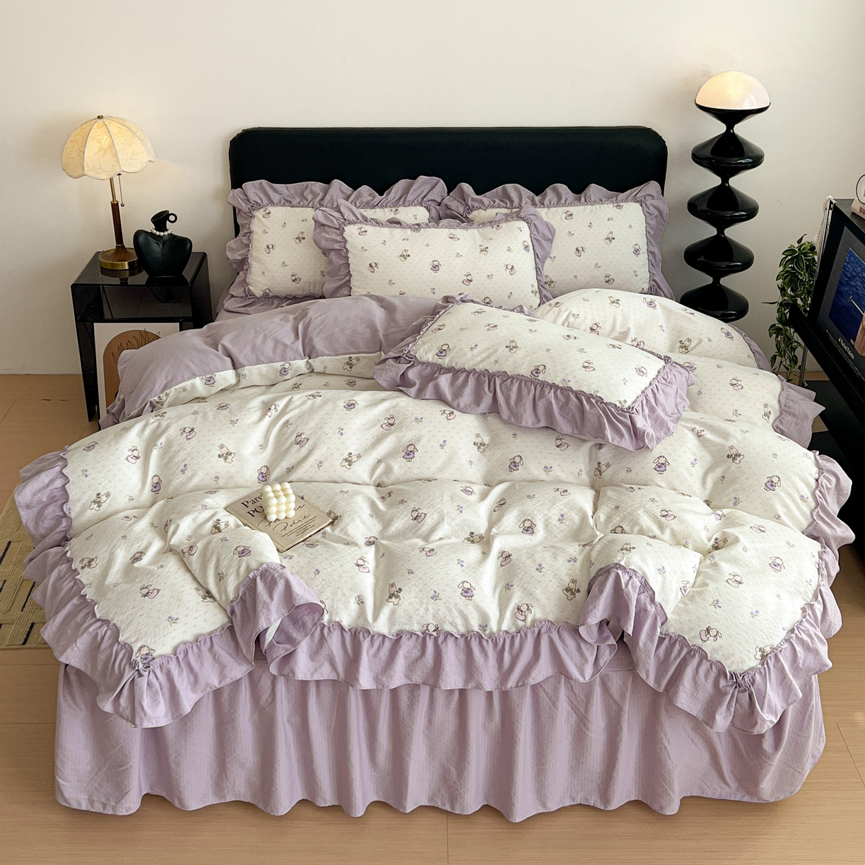 91家纺网 家纺一手货源 找家纺 富米莱（原臻工厂） 2026新款敲可爱奶呼呼云感双层纱韩国大布袋韩版大花边床盖床裙四件套-超级治愈 裙子小兔