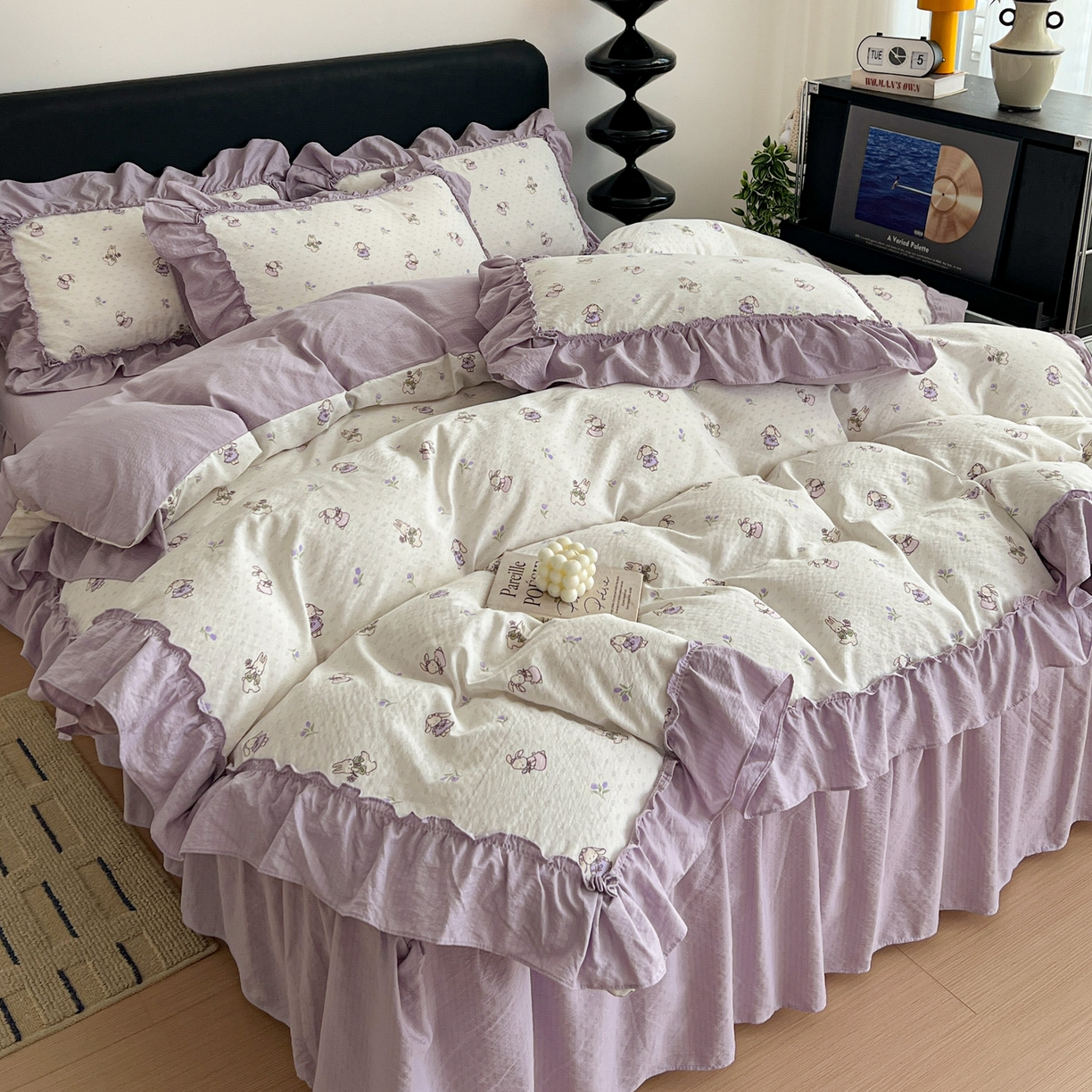 91家纺网 家纺一手货源 找家纺 富米莱（原臻工厂） 2026新款敲可爱奶呼呼云感双层纱韩国大布袋韩版大花边床盖床裙四件套-超级治愈 裙子小兔