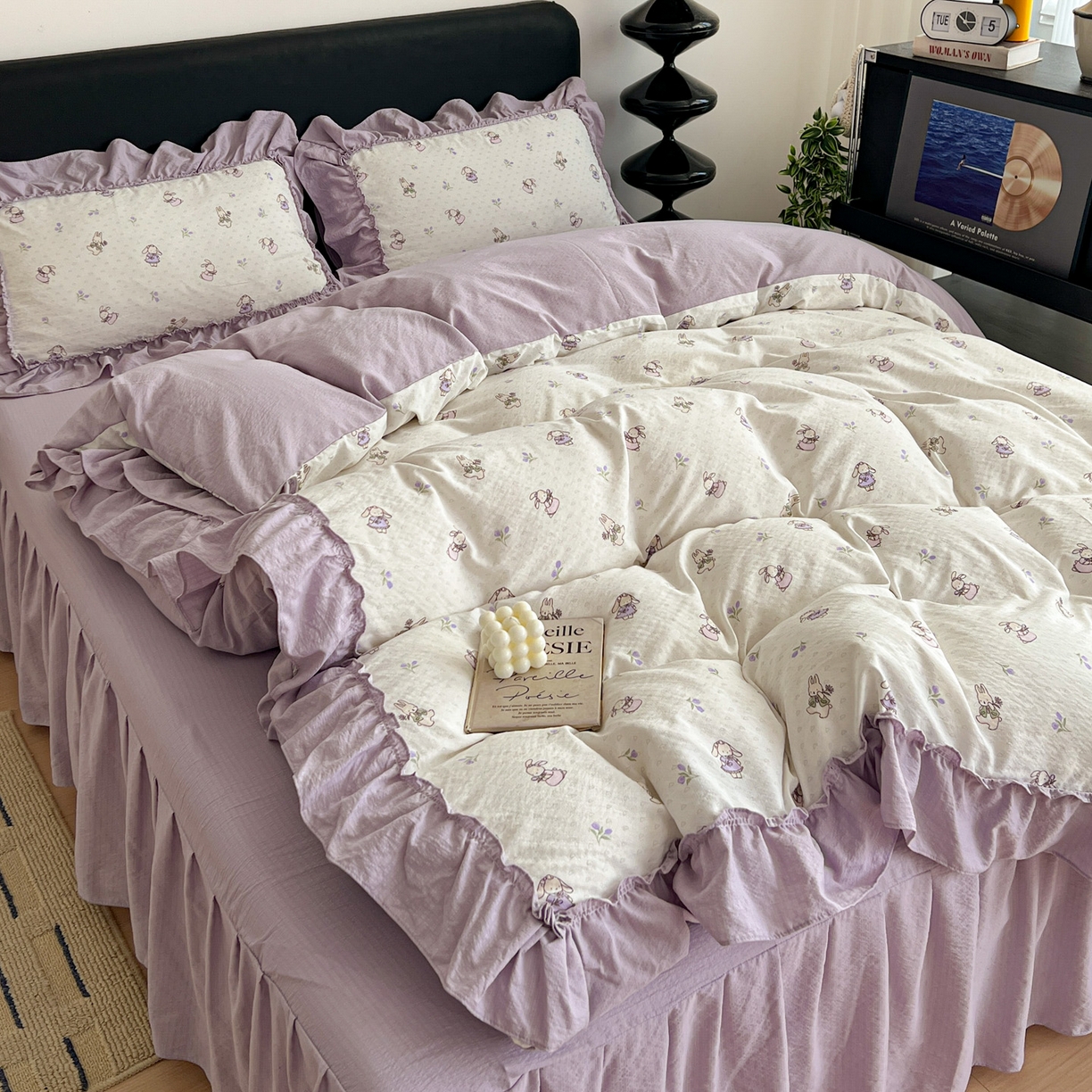 91家纺网 家纺一手货源 找家纺 富米莱（原臻工厂） 2026新款敲可爱奶呼呼云感双层纱韩国大布袋韩版大花边床盖床裙四件套-超级治愈 裙子小兔