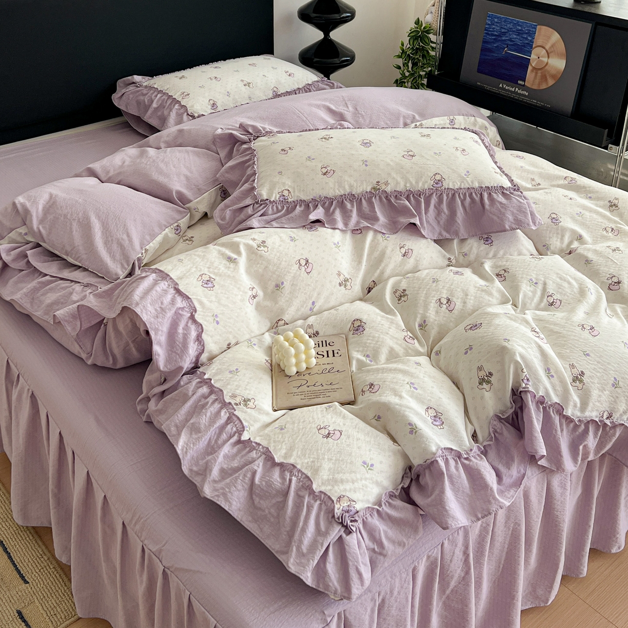 91家纺网 家纺一手货源 找家纺 富米莱（原臻工厂） 2026新款敲可爱奶呼呼云感双层纱韩国大布袋韩版大花边床盖床裙四件套-超级治愈 裙子小兔