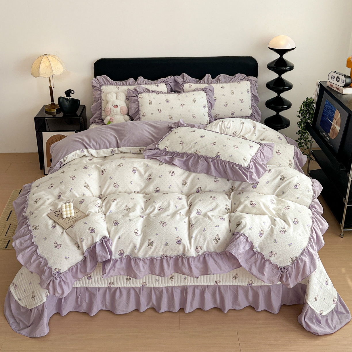 91家纺网 家纺一手货源 找家纺 富米莱（原臻工厂） 2026新款敲可爱奶呼呼云感双层纱韩国大布袋韩版大花边床盖床裙四件套-超级治愈 裙子小兔