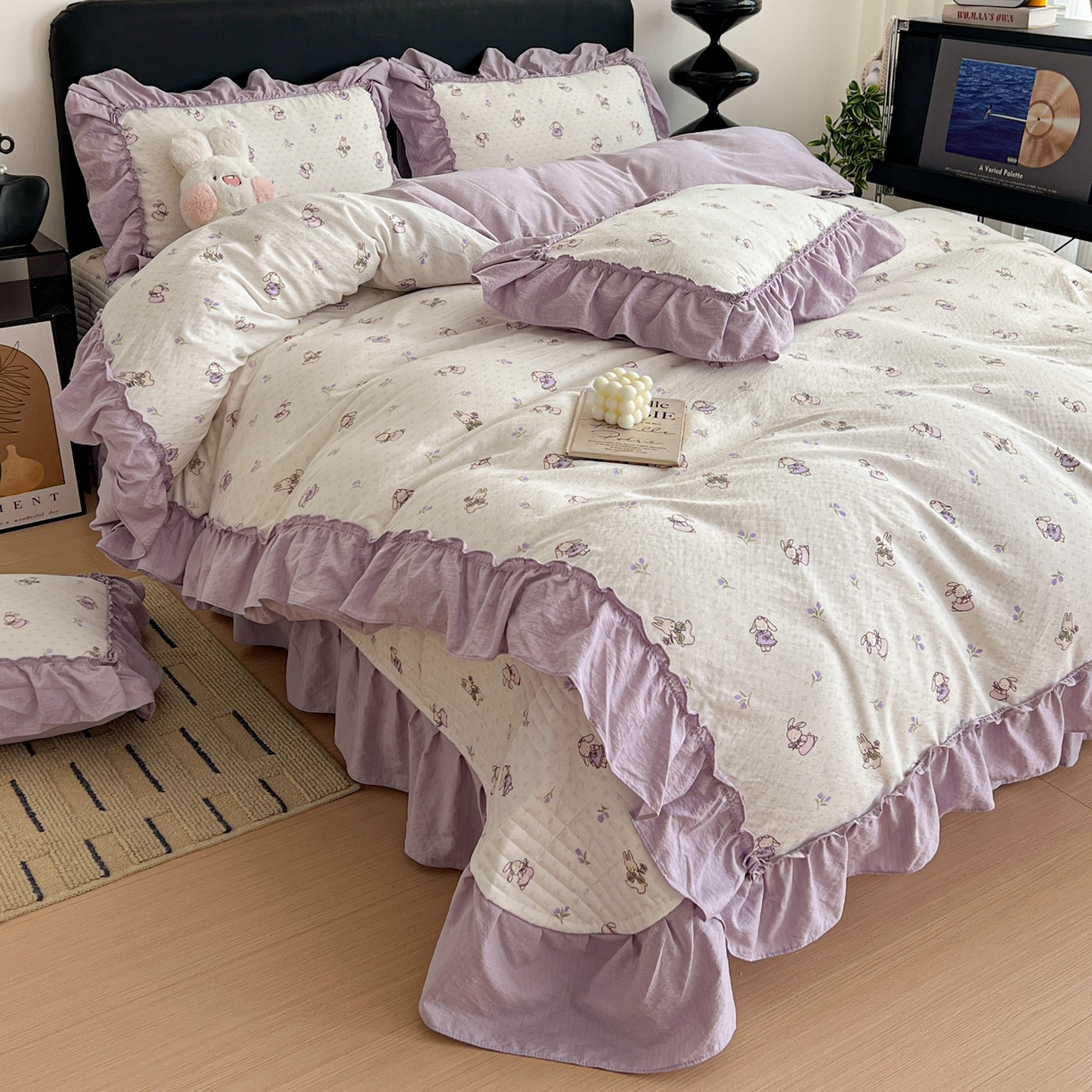 91家纺网 家纺一手货源 找家纺 富米莱（原臻工厂） 2026新款敲可爱奶呼呼云感双层纱韩国大布袋韩版大花边床盖床裙四件套-超级治愈 裙子小兔