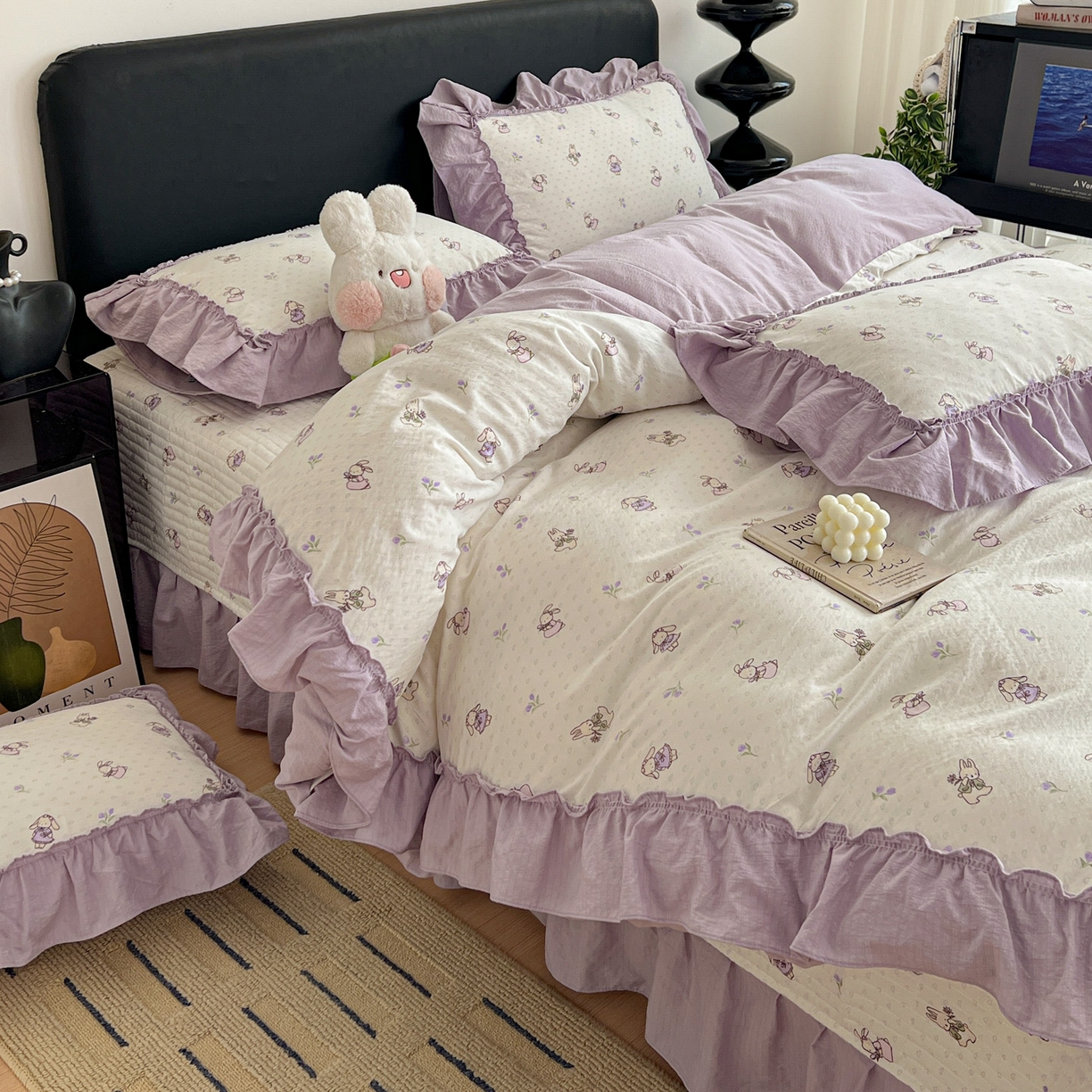 91家纺网 家纺一手货源 找家纺 富米莱（原臻工厂） 2026新款敲可爱奶呼呼云感双层纱韩国大布袋韩版大花边床盖床裙四件套-超级治愈 裙子小兔