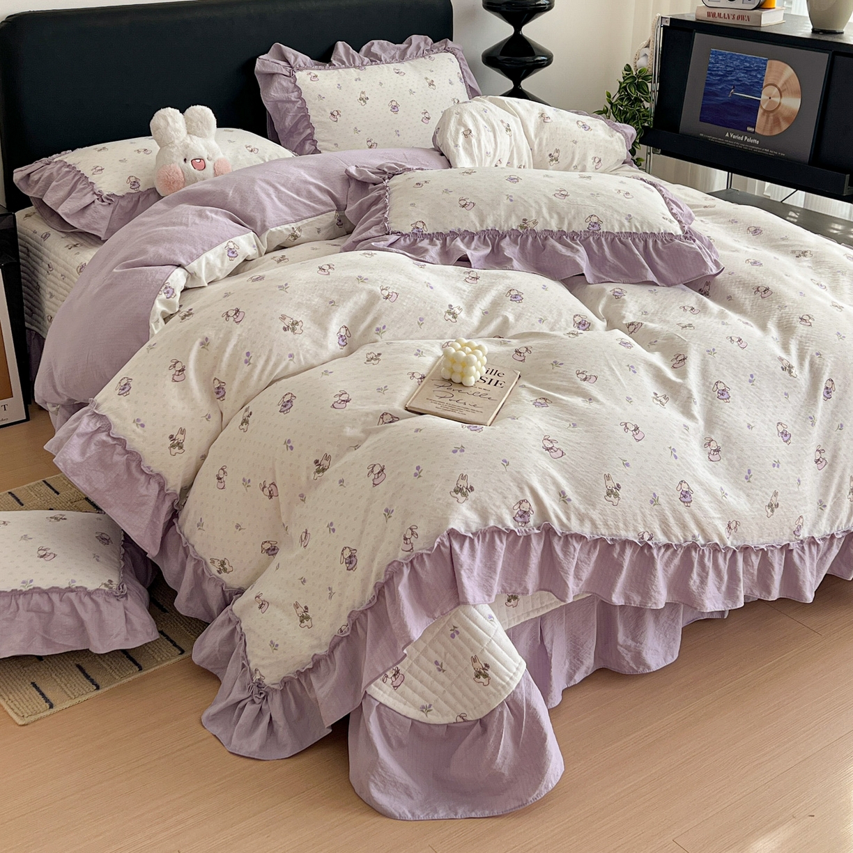 91家纺网 家纺一手货源 找家纺 富米莱（原臻工厂） 2026新款敲可爱奶呼呼云感双层纱韩国大布袋韩版大花边床盖床裙四件套-超级治愈 裙子小兔