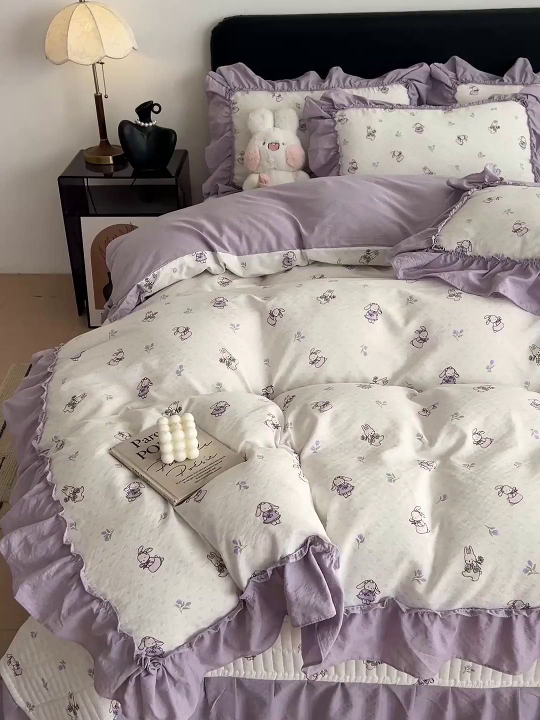 91家纺网 家纺一手货源 找家纺 富米莱（原臻工厂） 2026新款敲可爱奶呼呼云感双层纱韩国大布袋韩版大花边床盖床裙四件套-超级治愈 裙子小兔