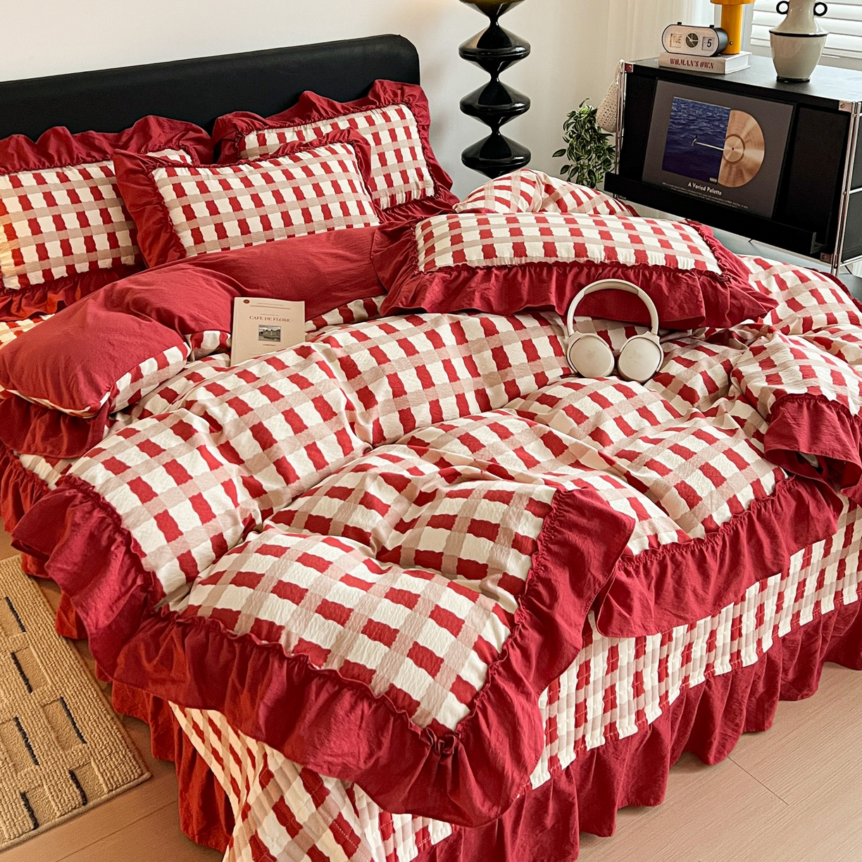 富米莱（原臻工厂） 2026新款敲可爱奶呼呼云感双层纱韩国大布袋韩版大花边床盖床裙四件套-超级治愈 时光一红