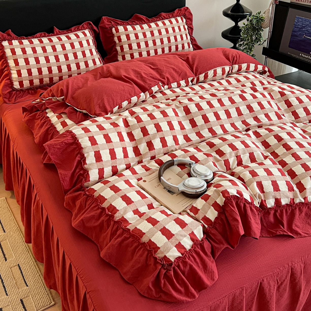 91家纺网 家纺一手货源 找家纺 富米莱（原臻工厂） 2026新款敲可爱奶呼呼云感双层纱韩国大布袋韩版大花边床盖床裙四件套-超级治愈 时光一红