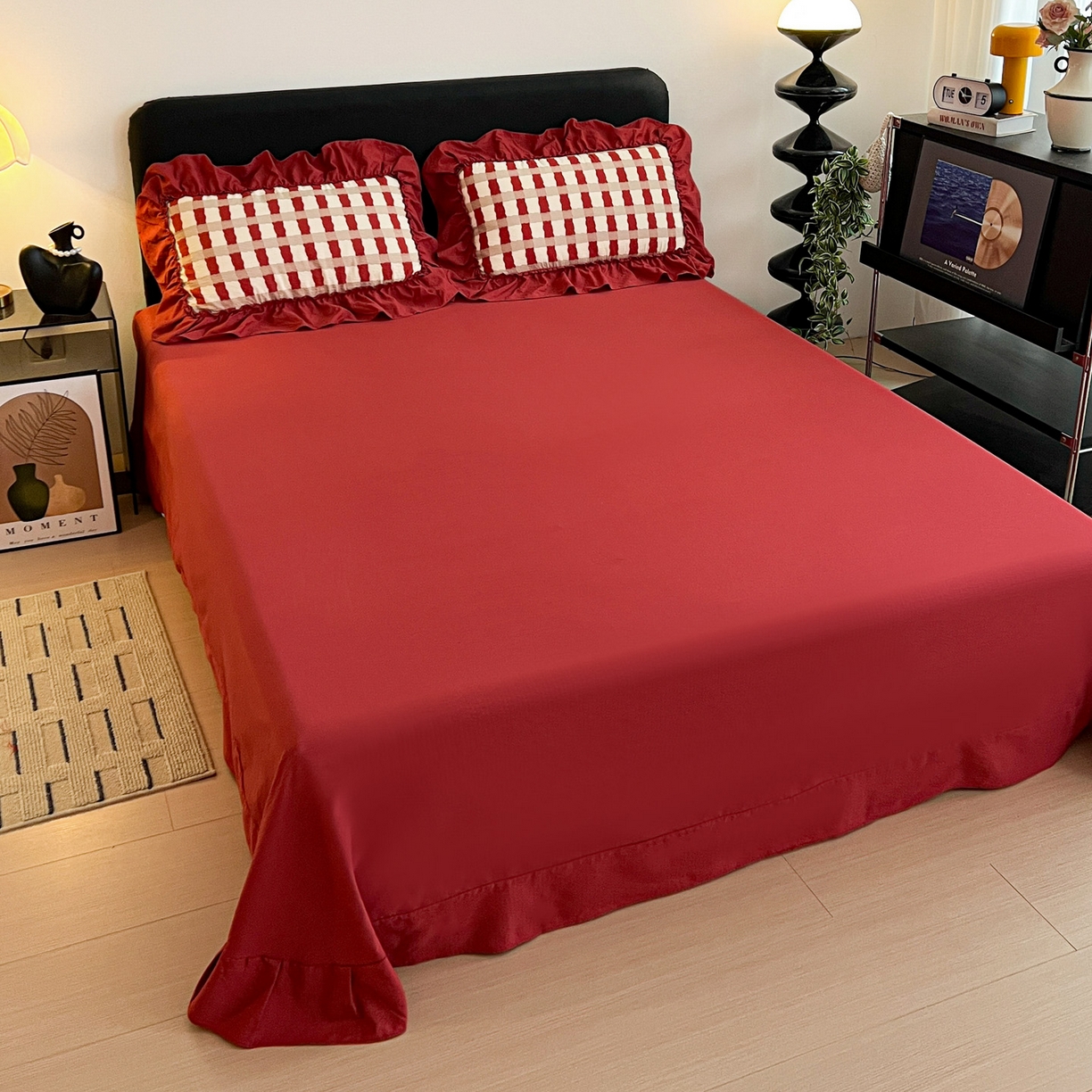 91家纺网 家纺一手货源 找家纺 富米莱（原臻工厂） 2026新款敲可爱奶呼呼云感双层纱韩国大布袋韩版大花边床盖床裙四件套-超级治愈 时光一红