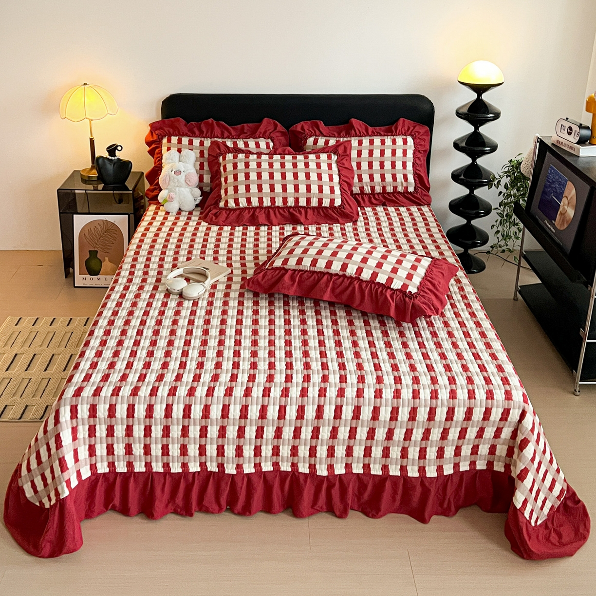 91家纺网 家纺一手货源 找家纺 富米莱（原臻工厂） 2026新款敲可爱奶呼呼云感双层纱韩国大布袋韩版大花边床盖床裙四件套-超级治愈 时光一红