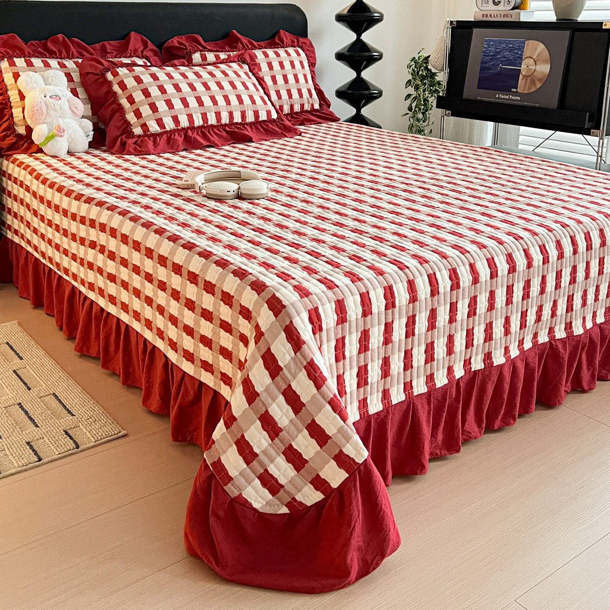 91家纺网 家纺一手货源 找家纺 富米莱（原臻工厂） 2026新款敲可爱奶呼呼云感双层纱韩国大布袋韩版大花边床盖床裙四件套-超级治愈 时光一红