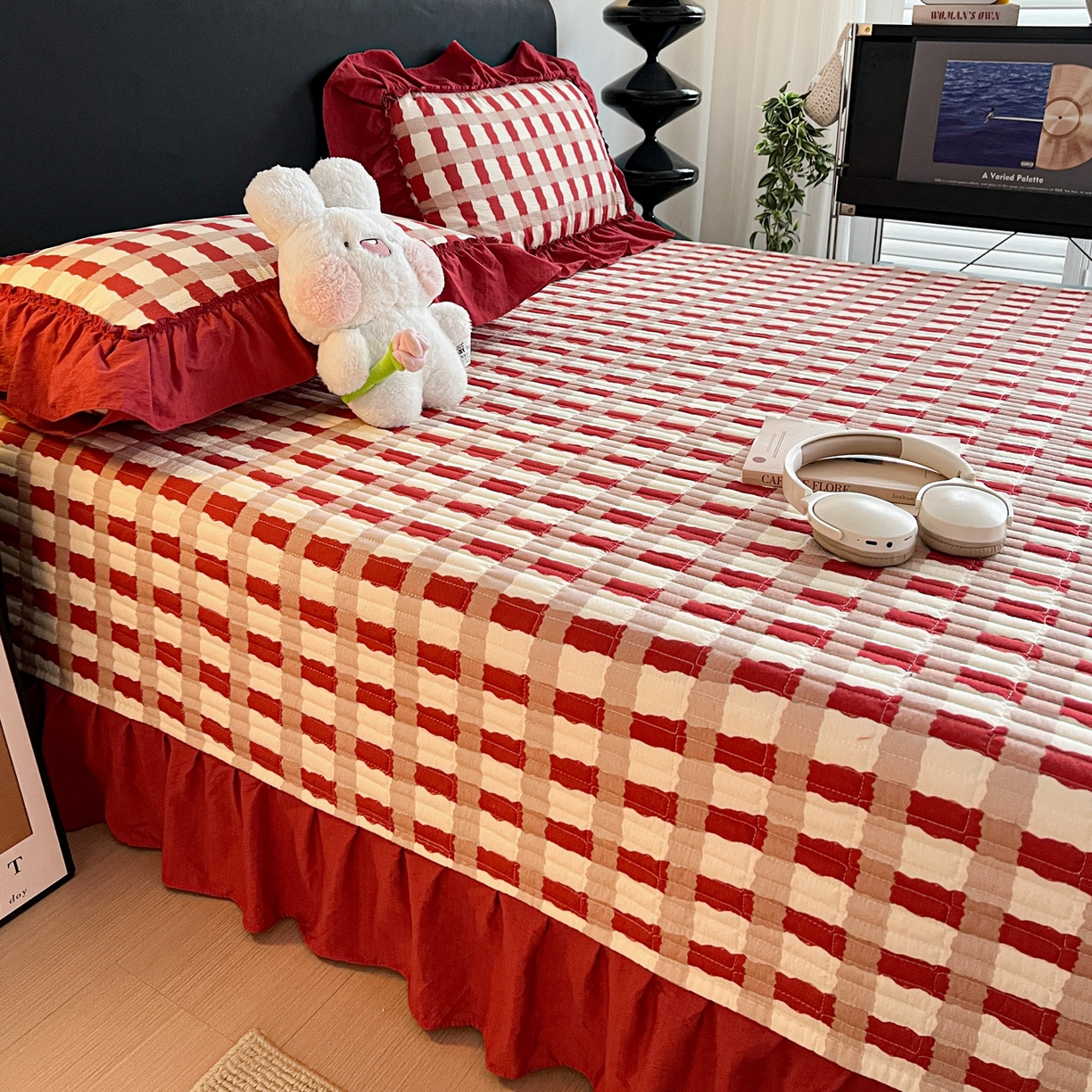 91家纺网 家纺一手货源 找家纺 富米莱（原臻工厂） 2026新款敲可爱奶呼呼云感双层纱韩国大布袋韩版大花边床盖床裙四件套-超级治愈 时光一红