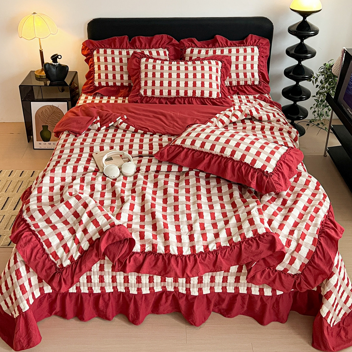 91家纺网 家纺一手货源 找家纺 富米莱（原臻工厂） 2026新款敲可爱奶呼呼云感双层纱韩国大布袋韩版大花边床盖床裙四件套-超级治愈 时光一红