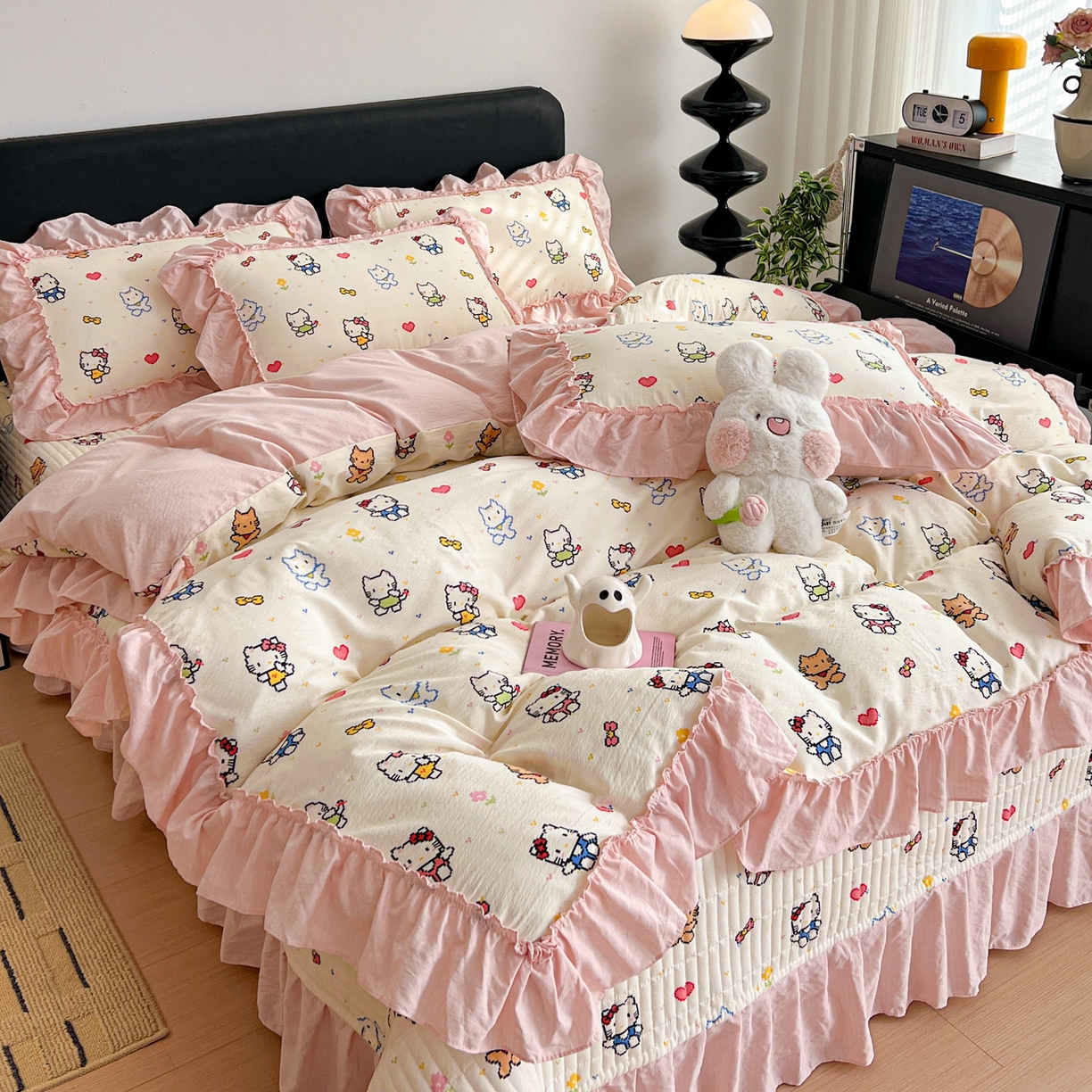 富米莱（原臻工厂） 2026新款敲可爱奶呼呼云感双层纱韩国大布袋韩版大花边床盖床裙四件套-超级治愈 像素小猫