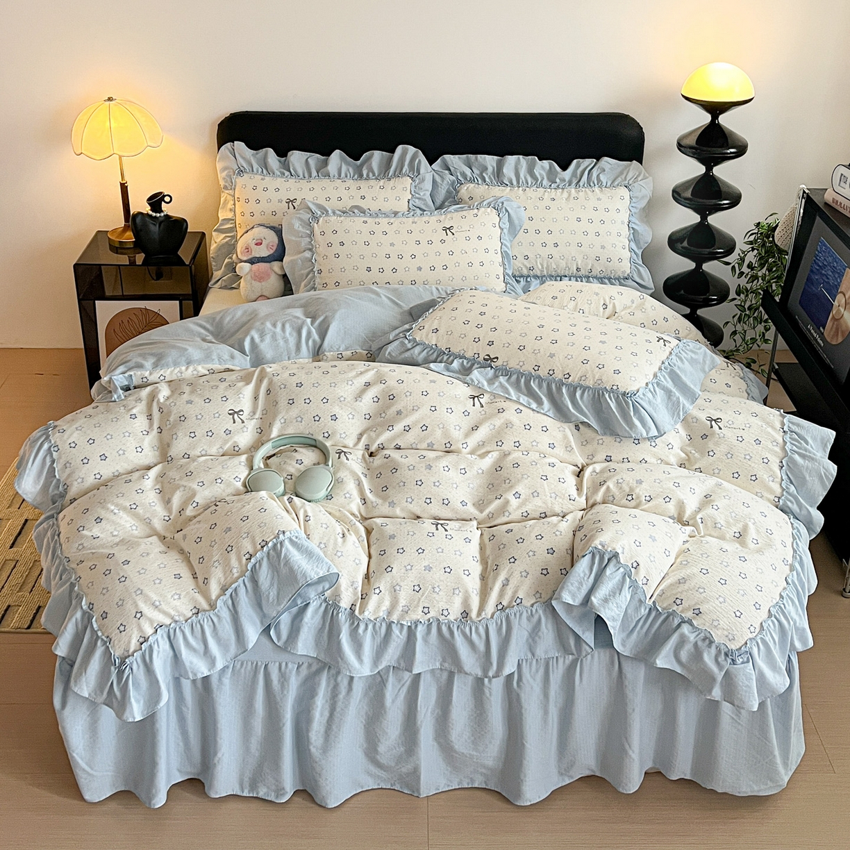 91家纺网 家纺一手货源 找家纺 富米莱（原臻工厂） 2026新款敲可爱奶呼呼云感双层纱韩国大布袋韩版大花边床盖床裙四件套-超级治愈 摘星