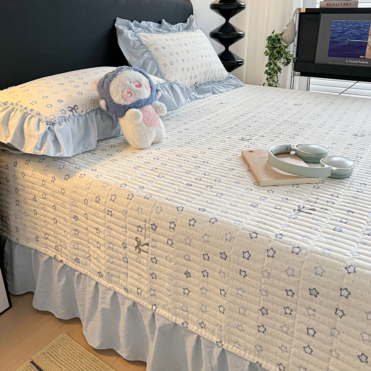 91家纺网 家纺一手货源 找家纺 富米莱（原臻工厂） 2026新款敲可爱奶呼呼云感双层纱韩国大布袋韩版大花边床盖床裙四件套-超级治愈 摘星