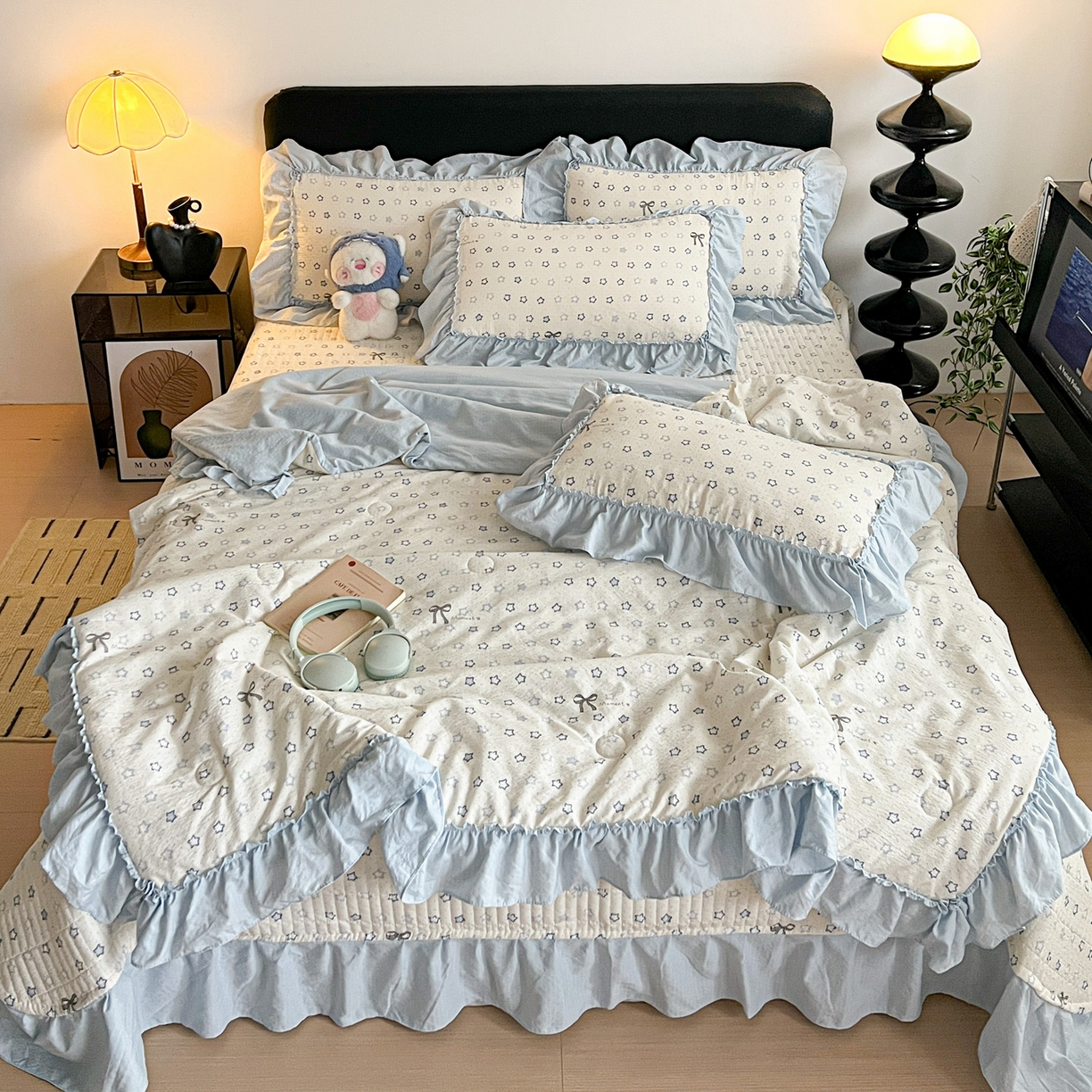 91家纺网 家纺一手货源 找家纺 富米莱（原臻工厂） 2026新款敲可爱奶呼呼云感双层纱韩国大布袋韩版大花边床盖床裙四件套-超级治愈 摘星