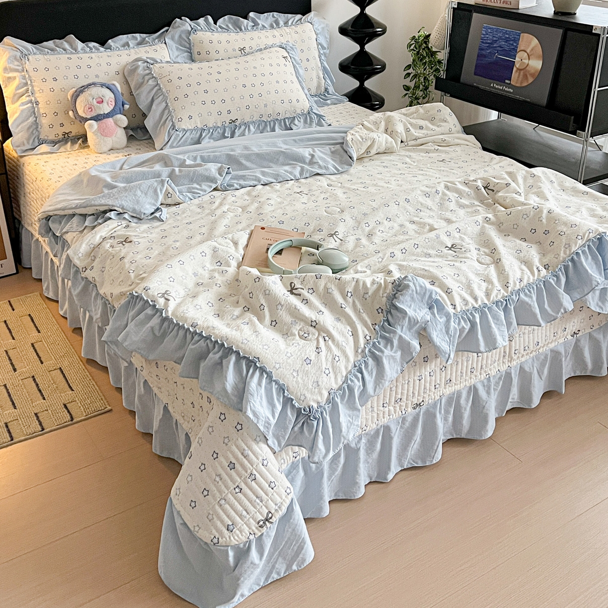 91家纺网 家纺一手货源 找家纺 富米莱（原臻工厂） 2026新款敲可爱奶呼呼云感双层纱韩国大布袋韩版大花边床盖床裙四件套-超级治愈 摘星