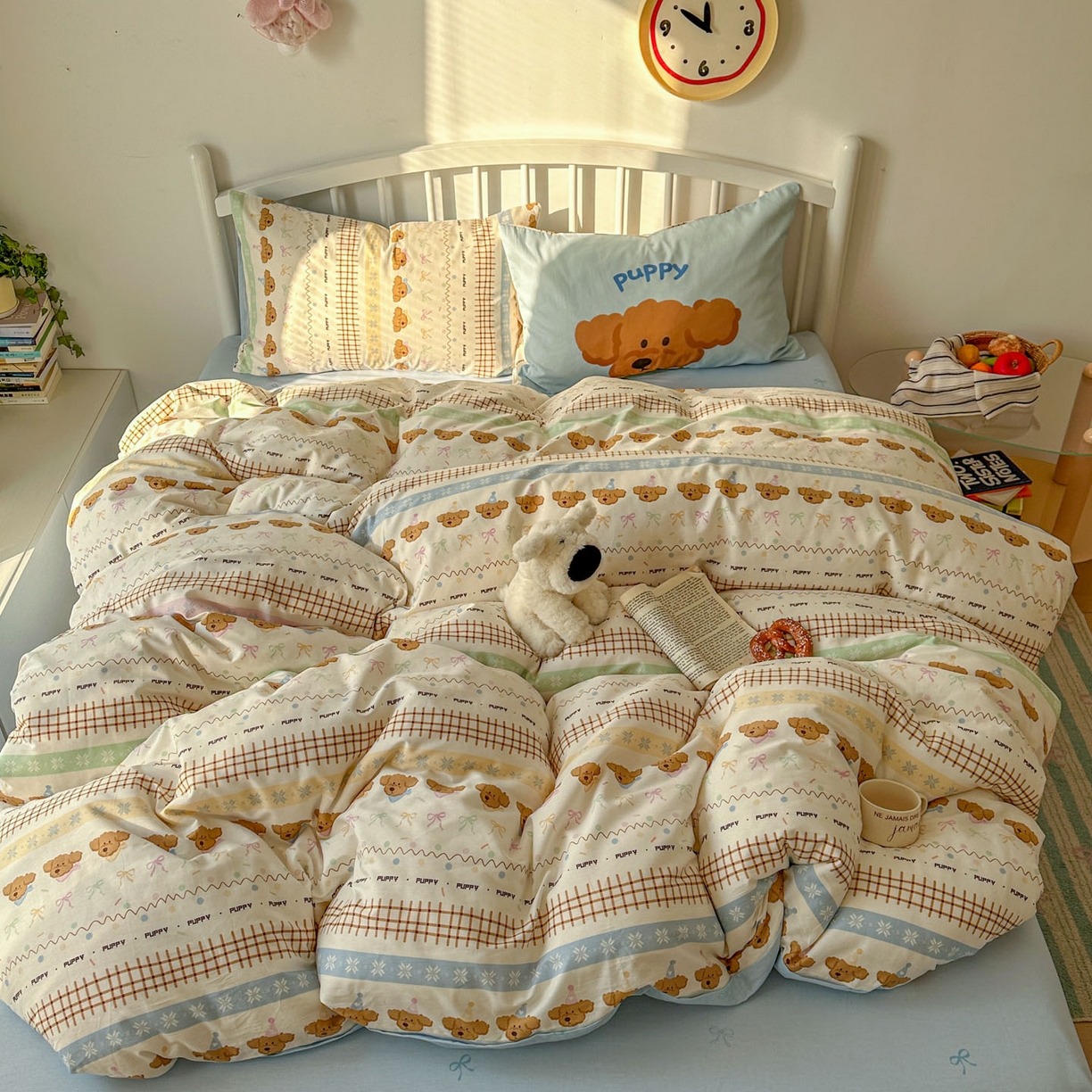 91家纺网 家纺一手货源 找家纺 桃喜 2026新款全棉混搭卡通印花学生三件套四件套 费尔岛蝴蝶结小狗