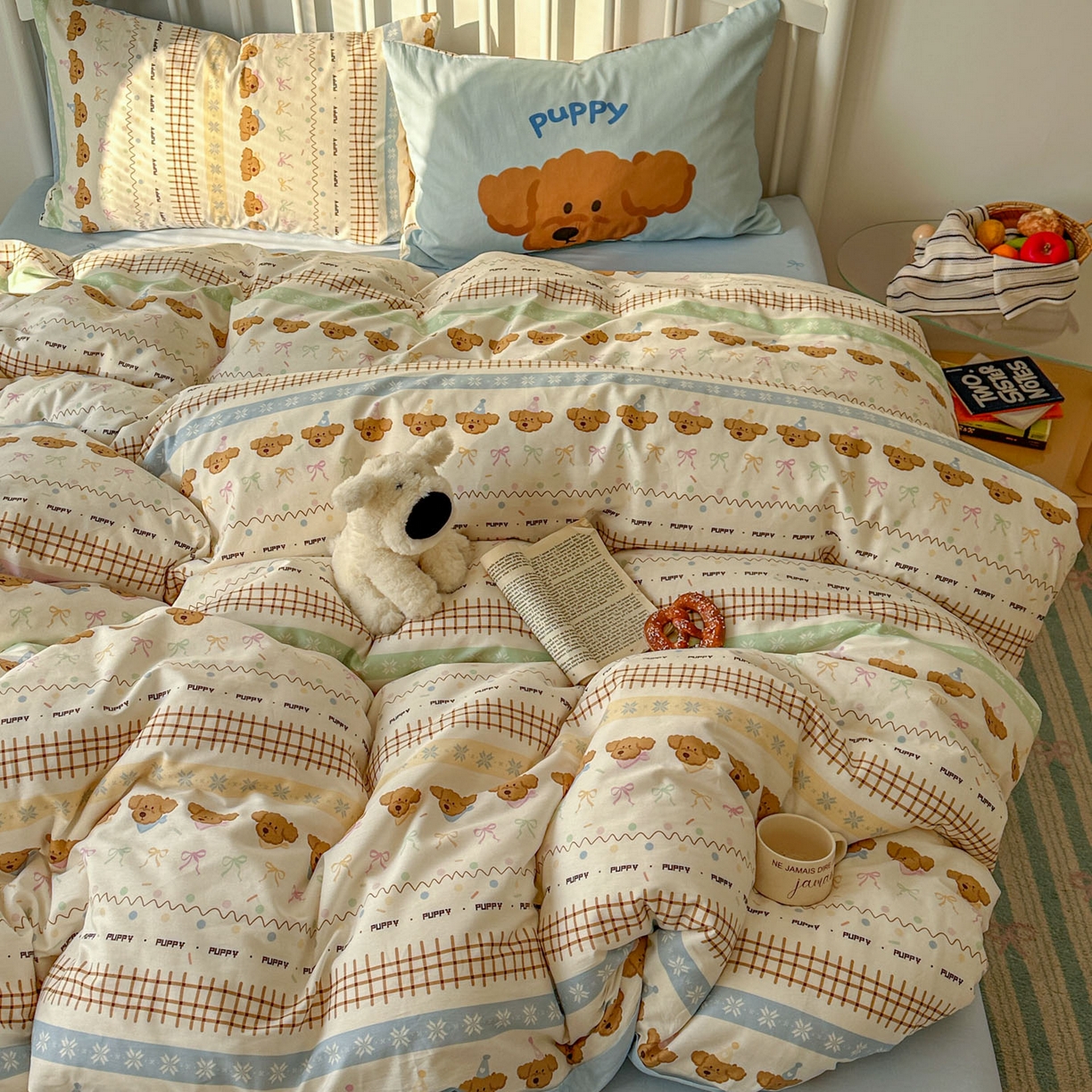 91家纺网 家纺一手货源 找家纺 桃喜 2026新款全棉混搭卡通印花学生三件套四件套 费尔岛蝴蝶结小狗