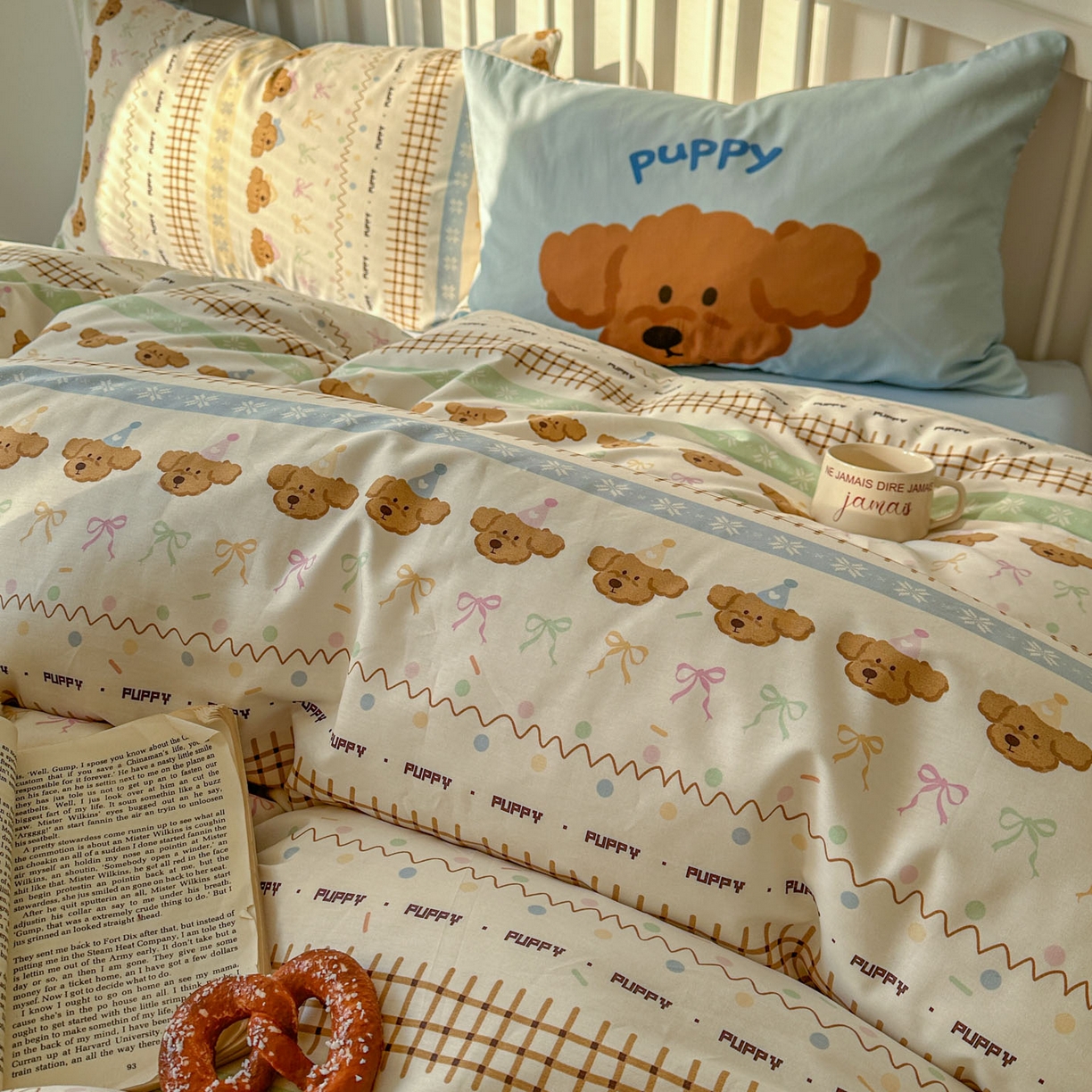 91家纺网 家纺一手货源 找家纺 桃喜 2026新款全棉混搭卡通印花学生三件套四件套 费尔岛蝴蝶结小狗