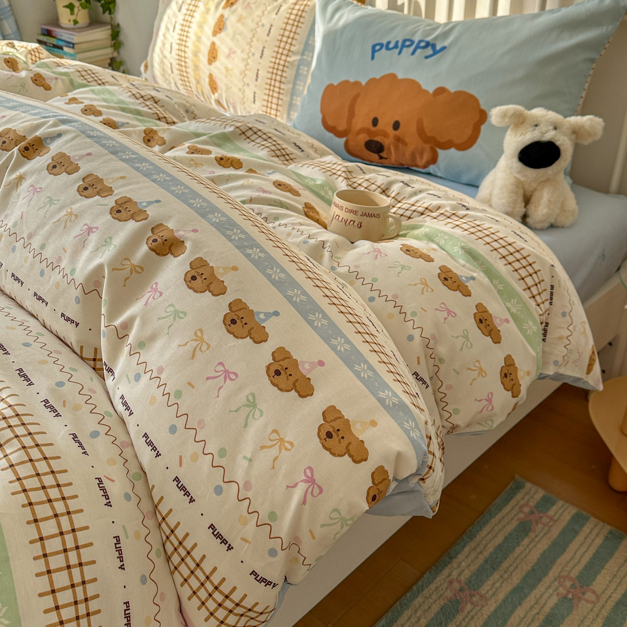 91家纺网 家纺一手货源 找家纺 桃喜 2026新款全棉混搭卡通印花学生三件套四件套 费尔岛蝴蝶结小狗