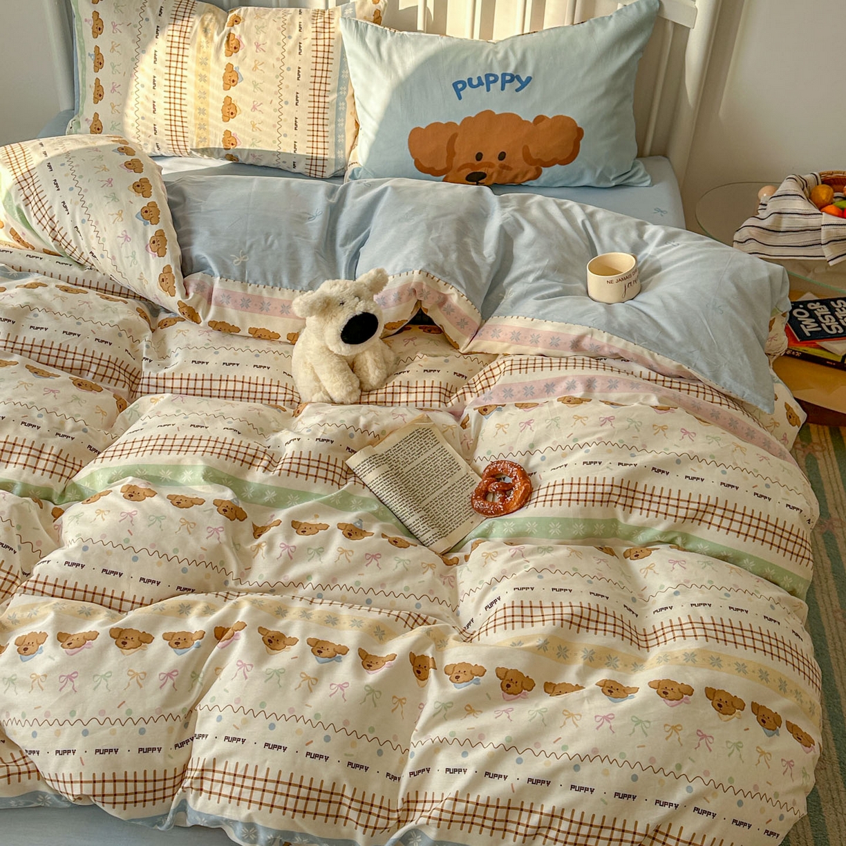 91家纺网 家纺一手货源 找家纺 桃喜 2026新款全棉混搭卡通印花学生三件套四件套 费尔岛蝴蝶结小狗