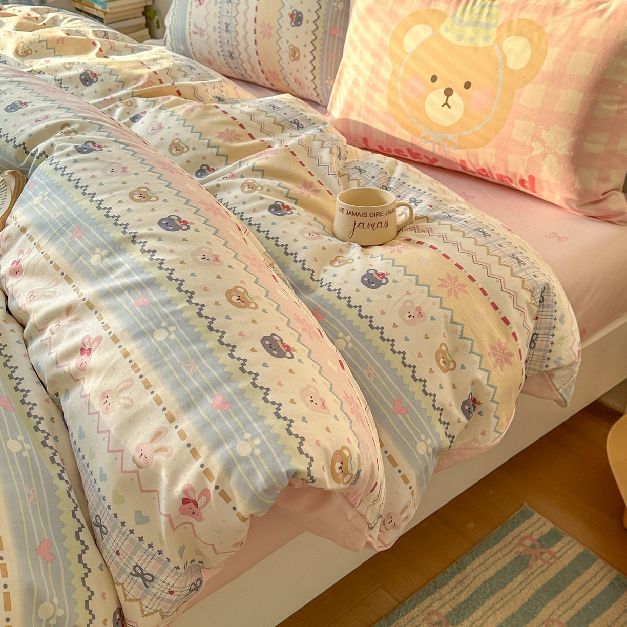 桃喜 2026新款全棉混搭卡通印花学生三件套四件套 费尔岛小熊